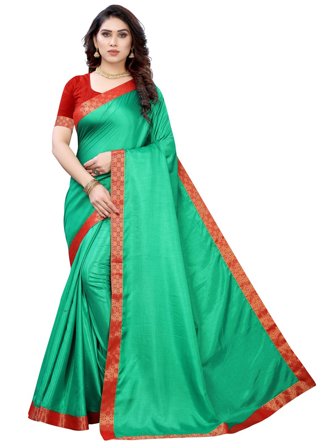 

KALINI Women Sea Green & Red Woven Design Border Saree