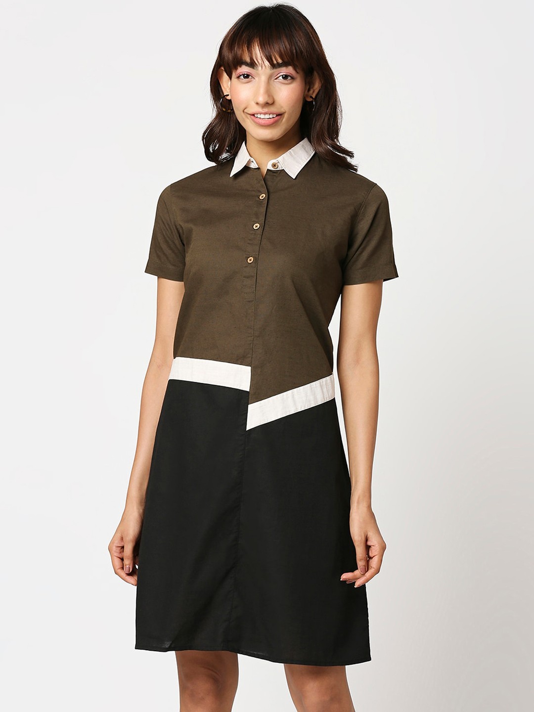

Bewakoof Olive Green & Black Colourblocked Linen Shirt Dress
