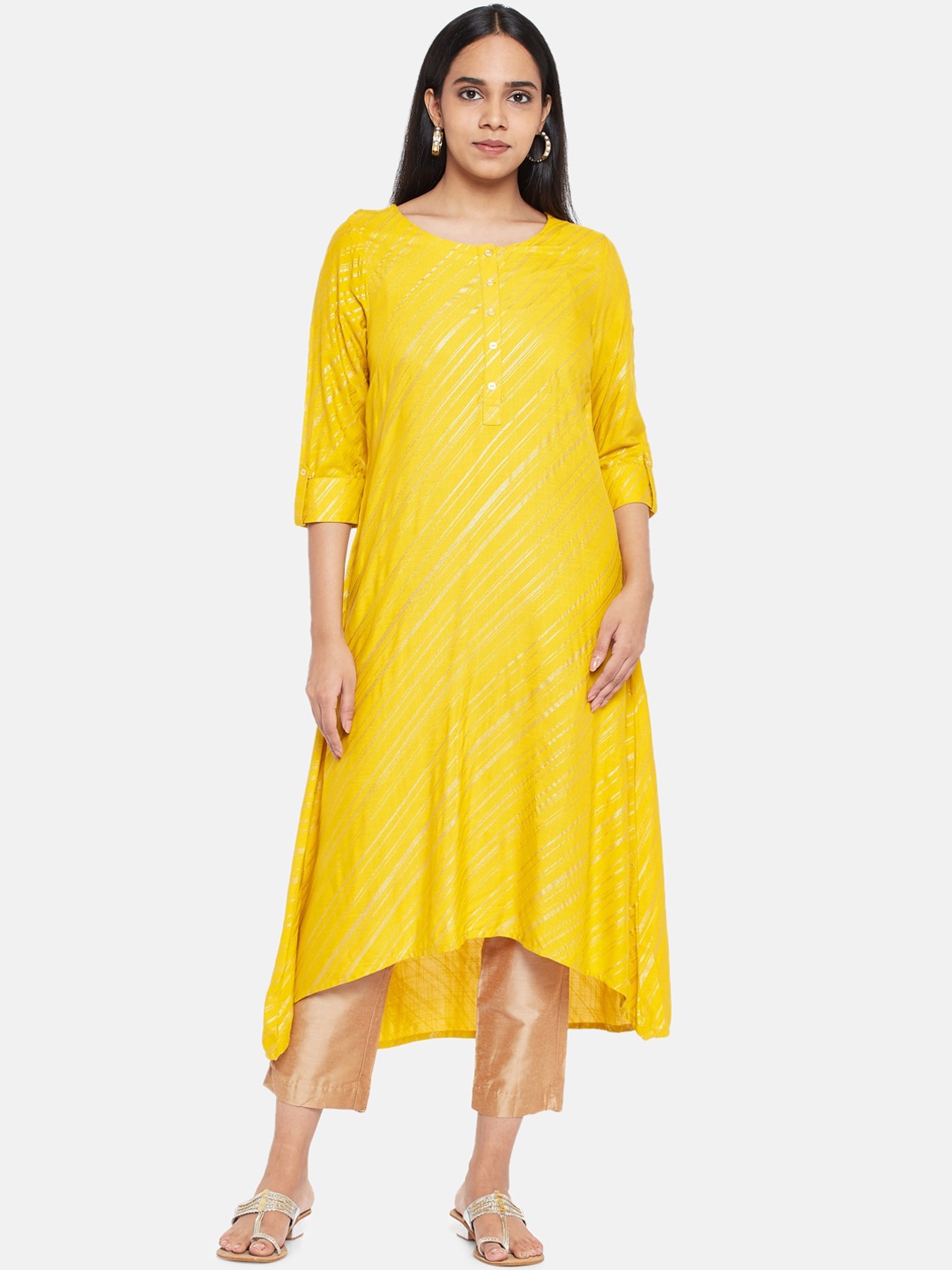 

RANGMANCH BY PANTALOONS Women Mustard Yellow Striped Printed Kurta