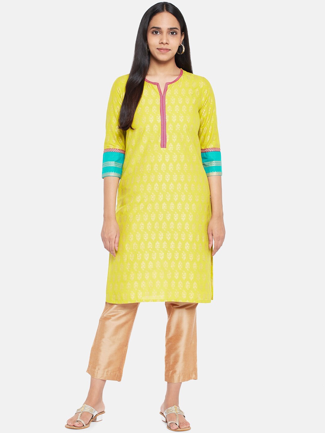 

RANGMANCH BY PANTALOONS Women Yellow Pure Cotton Floral Printed Straight Kurta