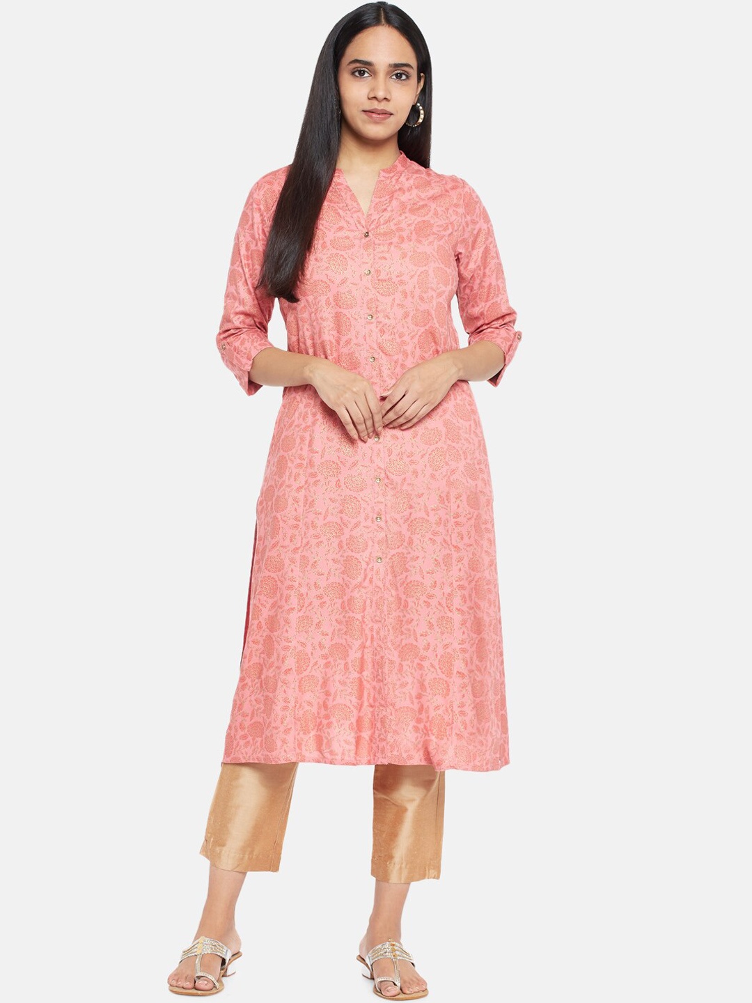 

RANGMANCH BY PANTALOONS Women Coral Self Design Floral Kurta