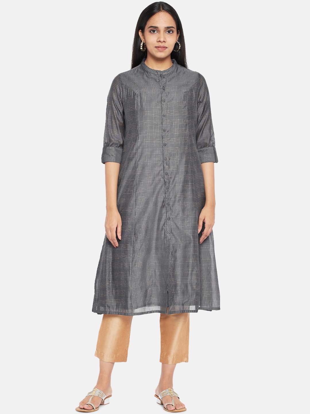 

RANGMANCH BY PANTALOONS Women Charcoal Checked Chanderi Silk Kurta