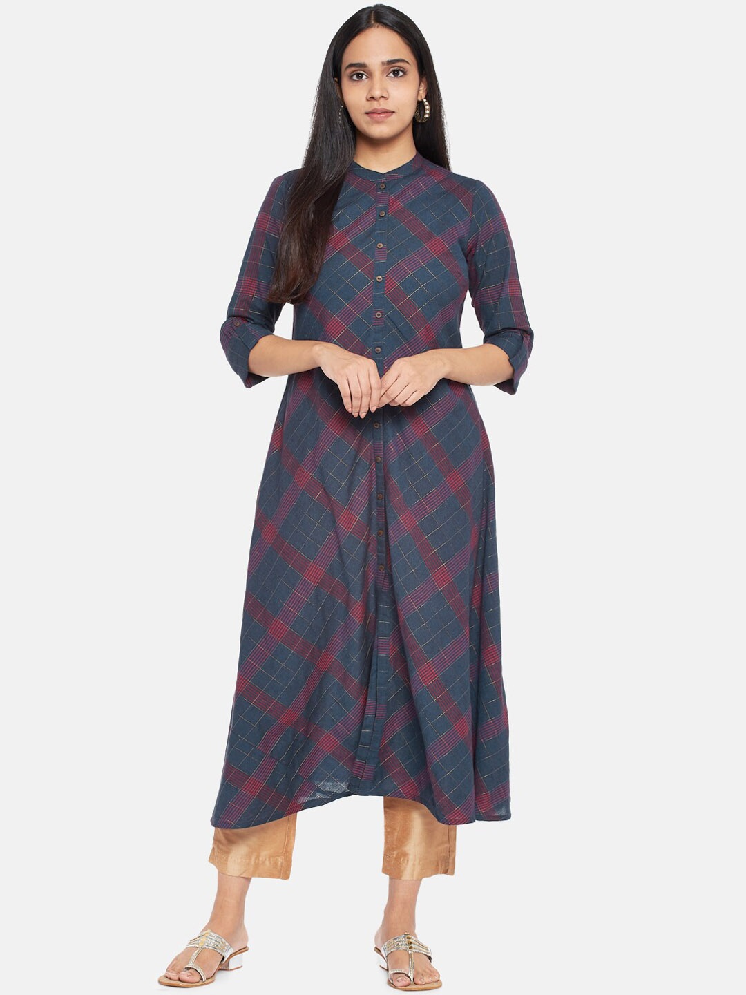 

RANGMANCH BY PANTALOONS Women Blue & Maroon Checked Printed Kurta