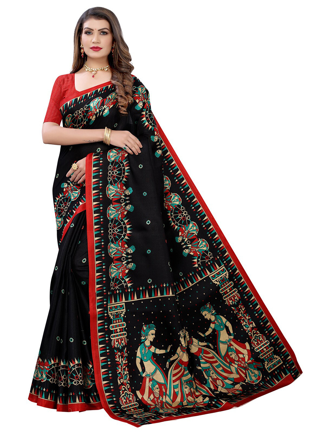 

KALINI Women Black & Red Ethnic Motifs Print Saree