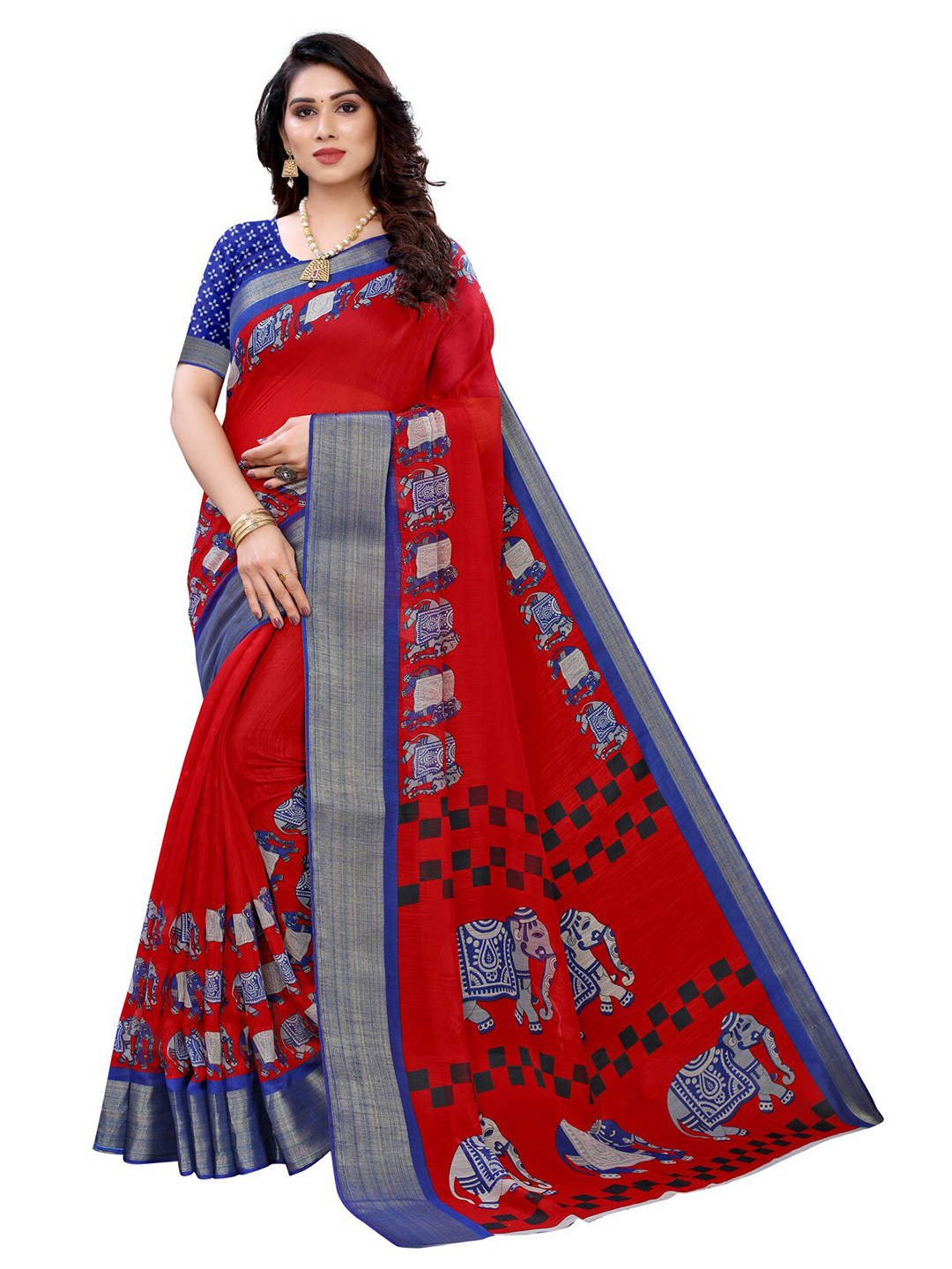 

KALINI Women Red & Blue Ethnic Motif Elephant Print Saree