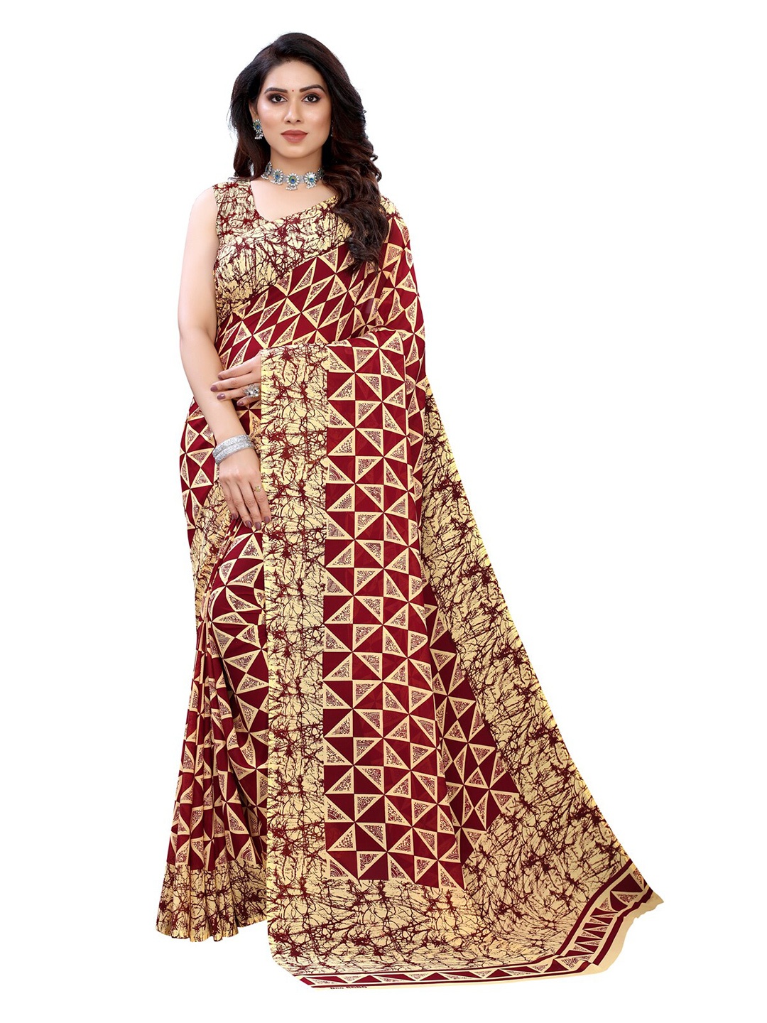 

KALINI Women Cream-Coloured & Maroon Geometric Print Pure Georgette Saree