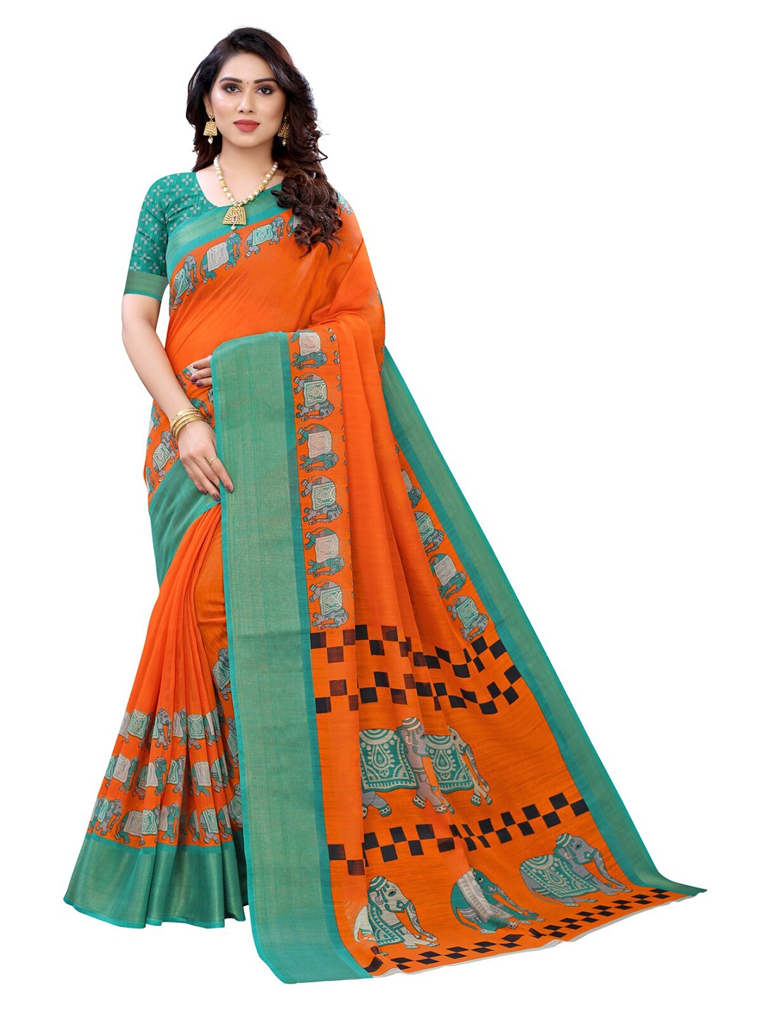 

KALINI Women Orange & Sea Green Ethnic Motif Elephant Print Saree