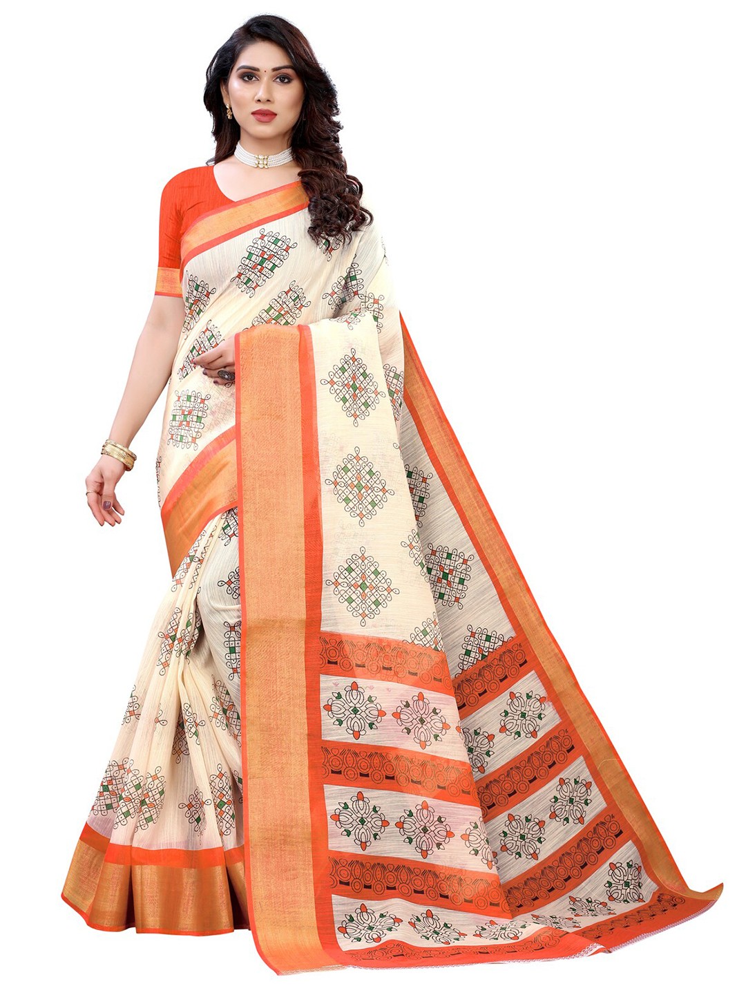 

KALINI Women Off-White & Orange Geometric Printed Saree