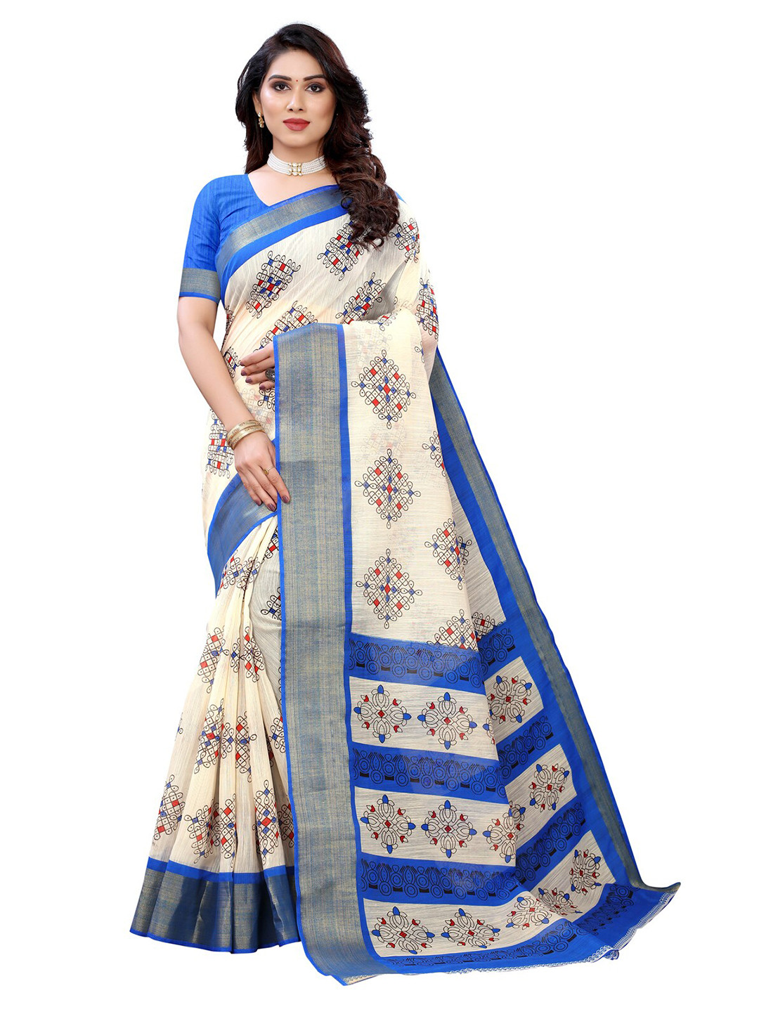 

KALINI Women Off-White & Blue Geometric Printed Saree
