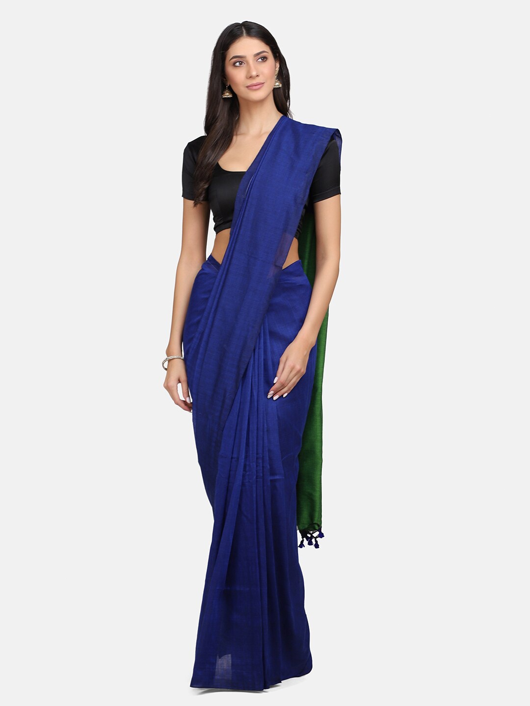 

Mirraw Blue & Green Solid Pure Linen Saree