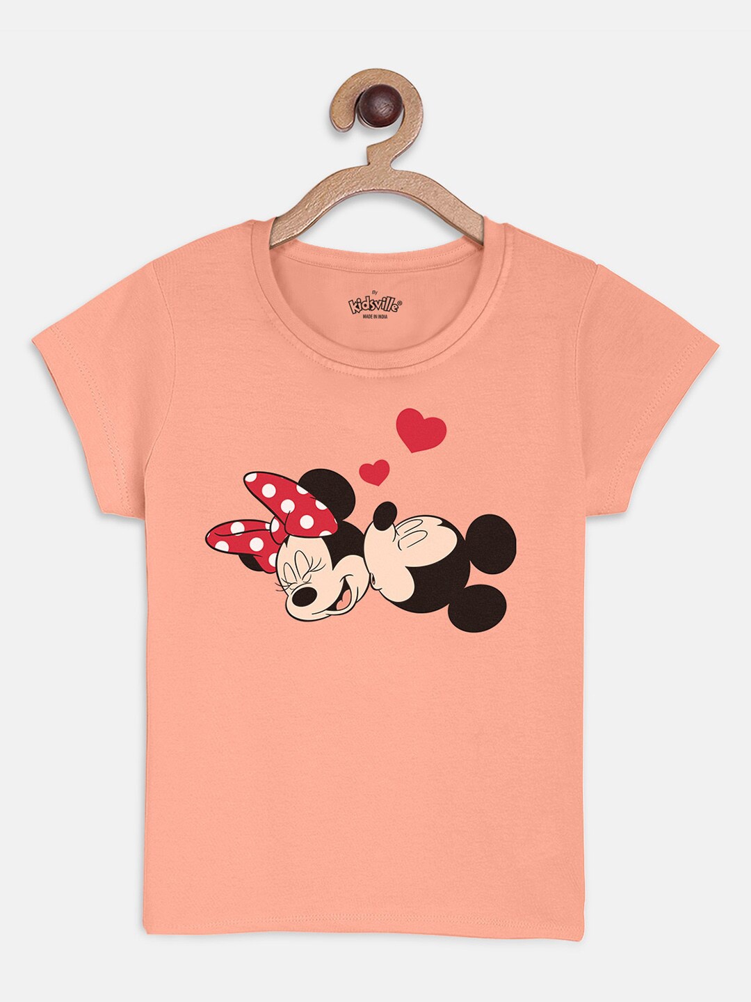 

Kids Ville Mickey & Friends Girls Peach-Coloured & Black Printed T-shirt