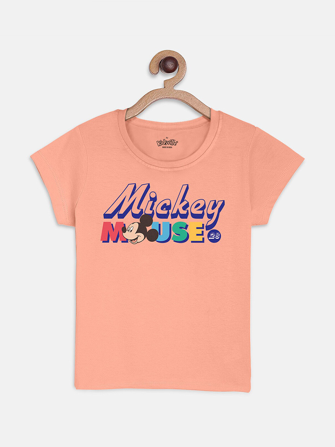 

Kids Ville Girls Peach-Coloured Mickey Mouse Printed T-shirt