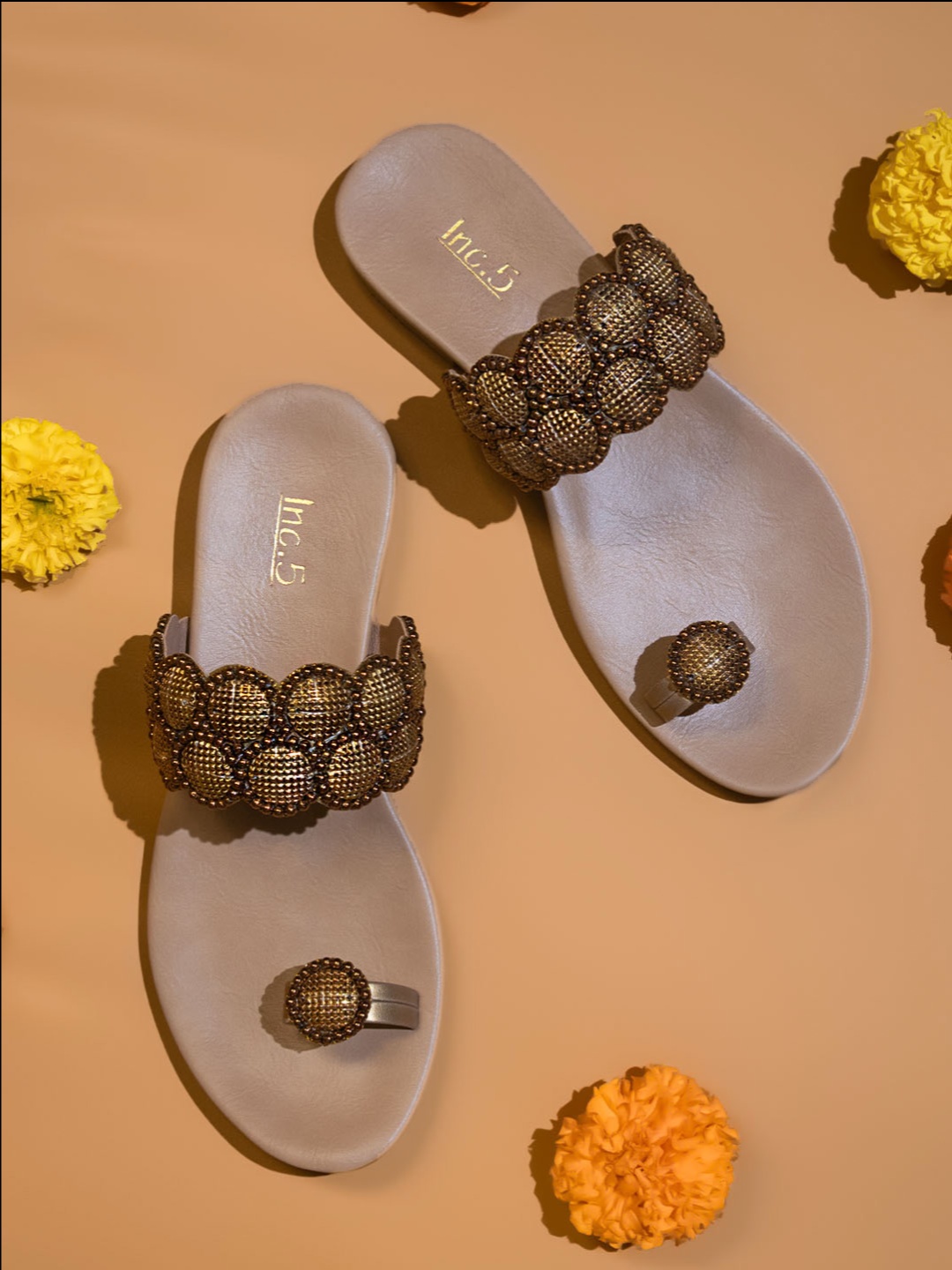 

Inc 5 Women Gold & Beige Embellished One Toe Flats