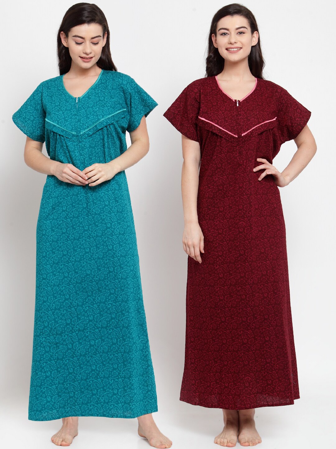 

Secret Wish Turquoise Blue & Maroon Set of 2 Printed Maternity Nightdress