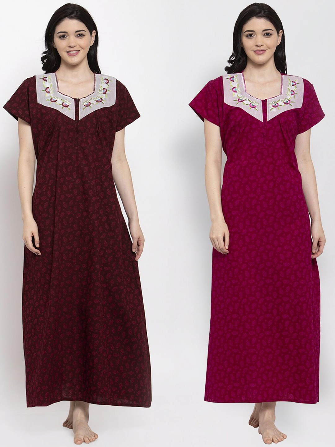 

Secret Wish Women Pack Of 2 Maroon Printed Maxi Nightdress
