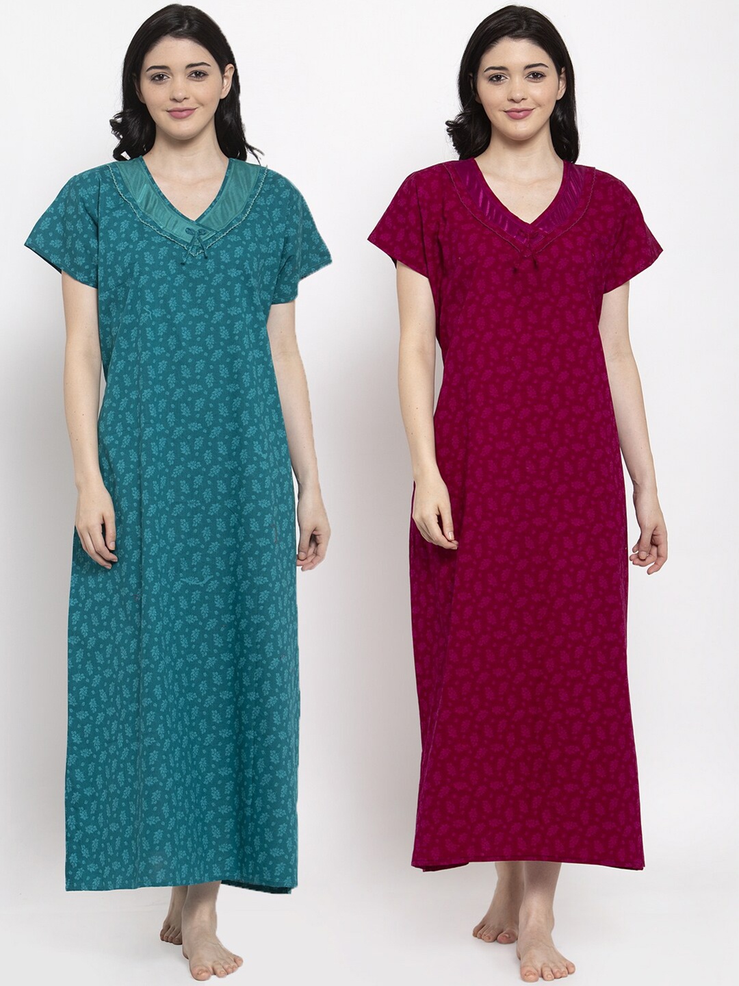 

Secret Wish Set of 2 Teal & Maroon Printed Maxi Nightdress