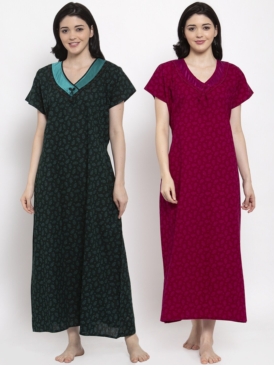 

Secret Wish Pack of 2 Maroon & Green Printed Maxi Nightdress