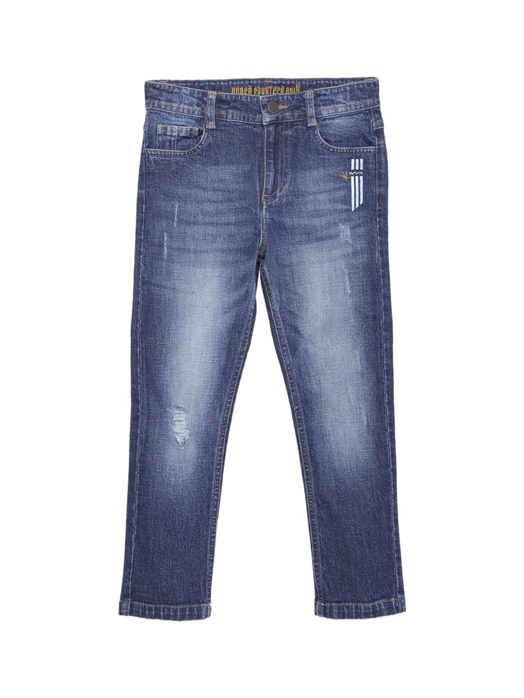 

UNDER FOURTEEN ONLY Boys Navy Blue Slim Fit Mildly Distressed Heavy Fade Jeans