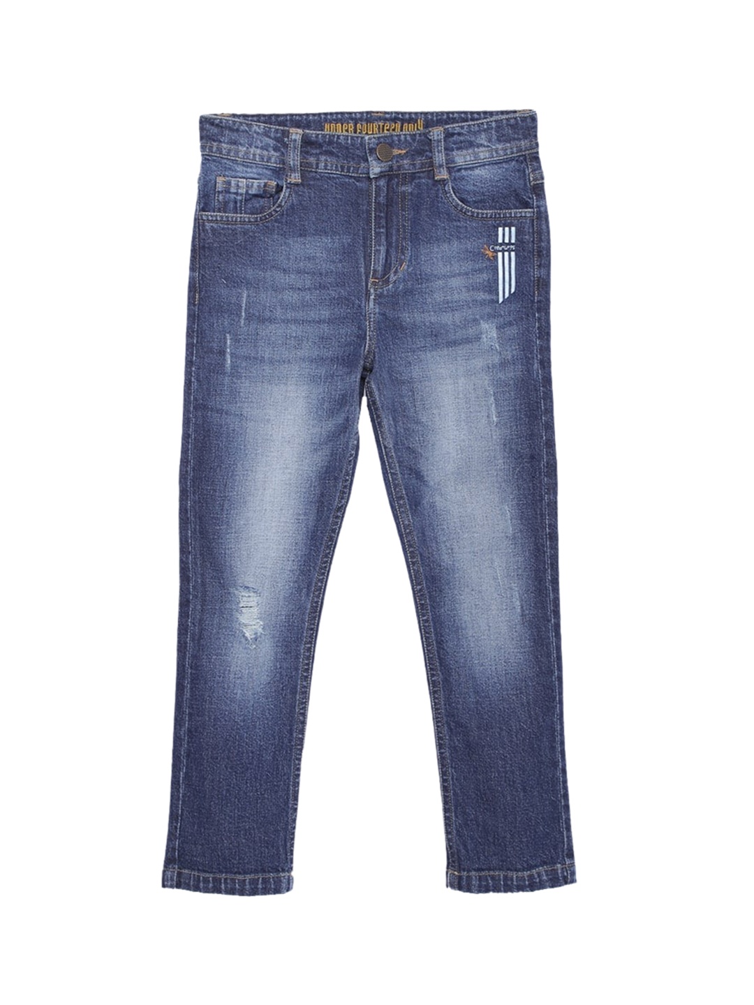 

UNDER FOURTEEN ONLY Boys Navy Blue Slim Fit Mildly Distressed Heavy Fade Jeans