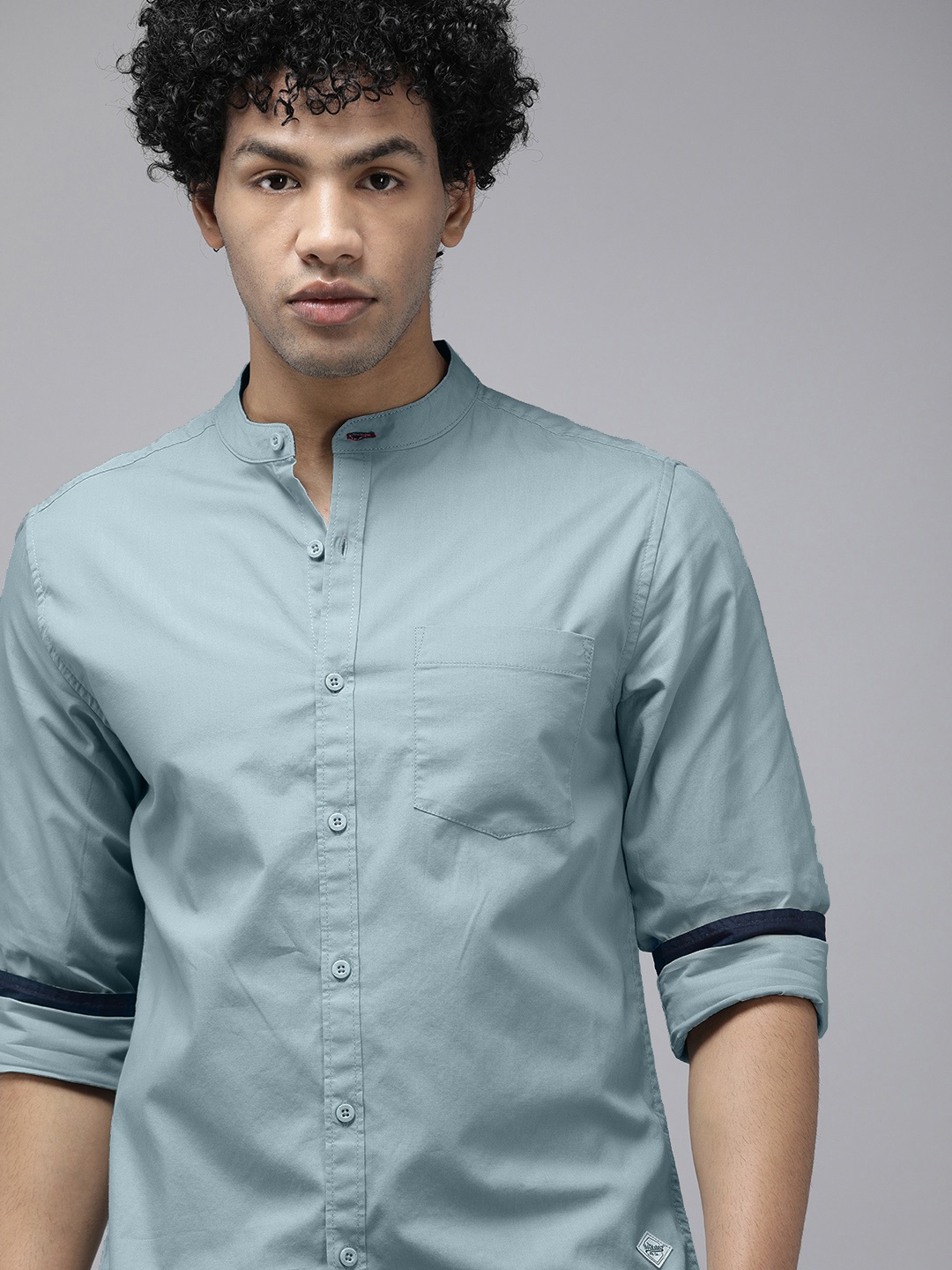 

Roadster Men Blue Mandarin Collar Casual Shirt