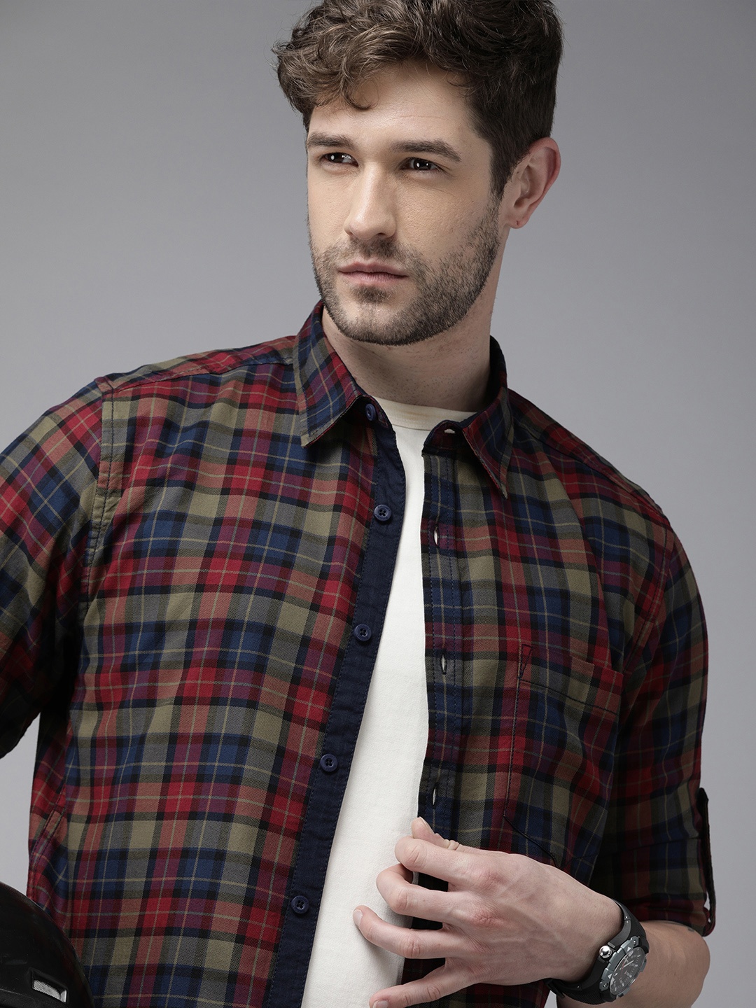

Roadster Men Multicoloured Tartan Checks Opaque Pure Cotton Casual Shirt, Beige