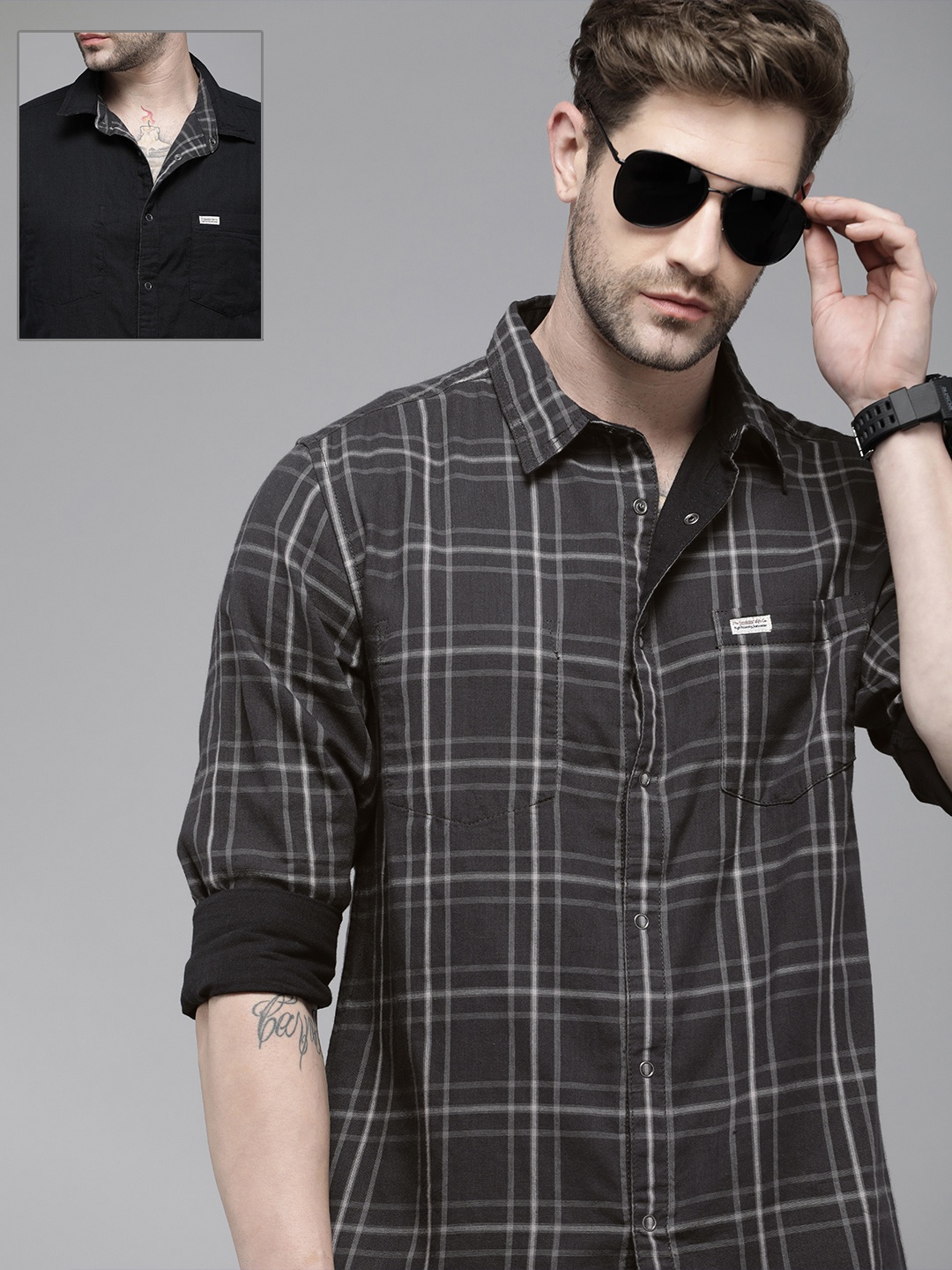 

Roadster Men Grey Tartan Checked Reversible Pure Cotton Casual Shirt