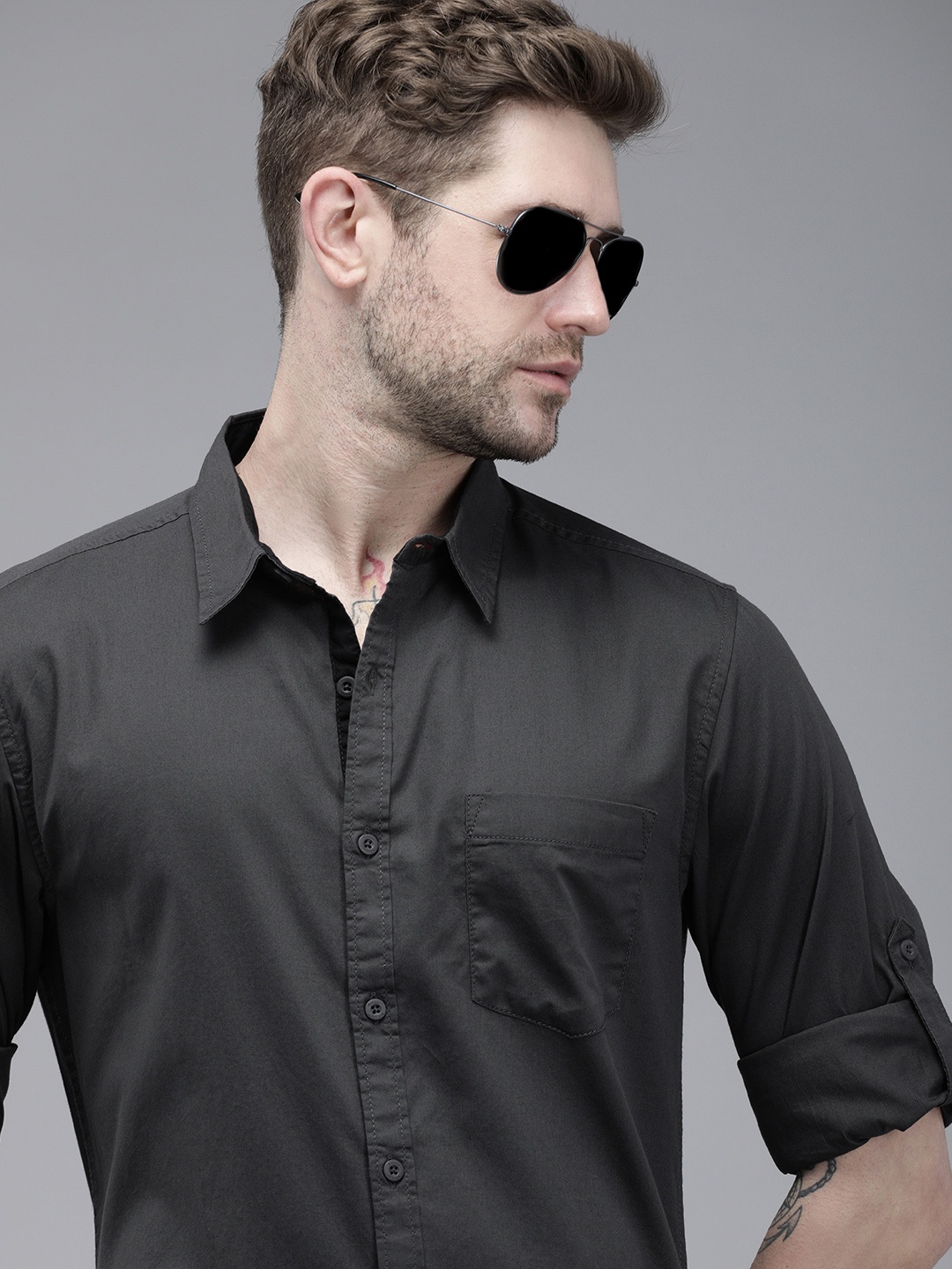 

Roadster Men Charcoal Grey Roll-Up Sleeves Sustainable Casual Shirt