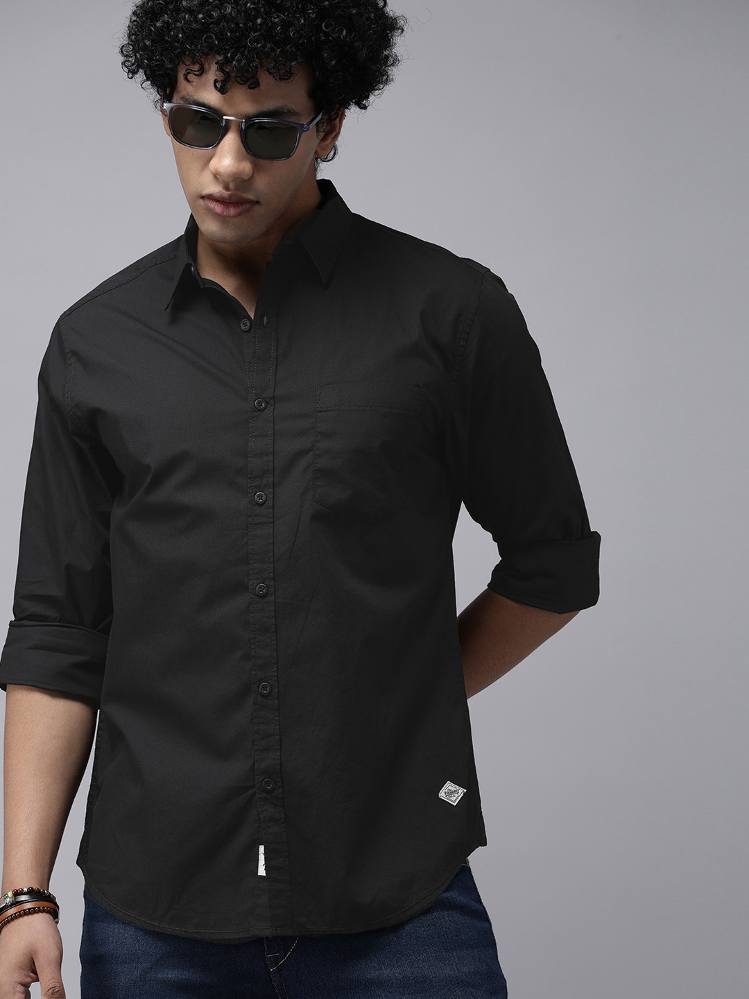 

Roadster Men Black Solid Regular Fit Semiformal Pure Cotton Shirt