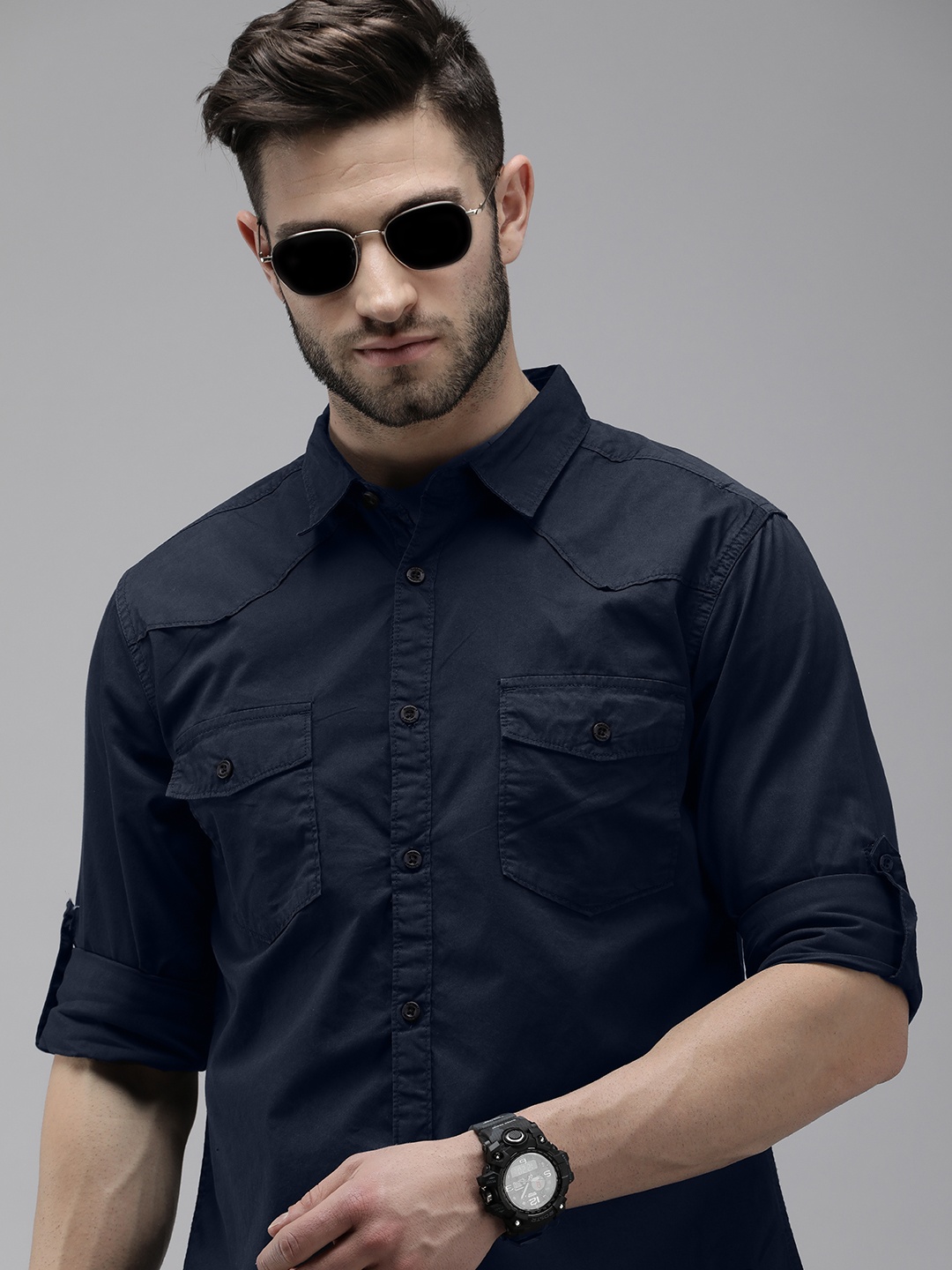 

Roadster Men Navy Blue Solid Pure Cotton Sustainable Casual Shirt