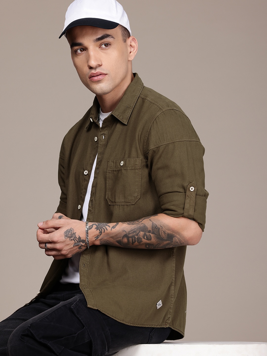

The Roadster Life Co. Roll-Up Sleeves Pure Cotton Casual Shirt, Olive