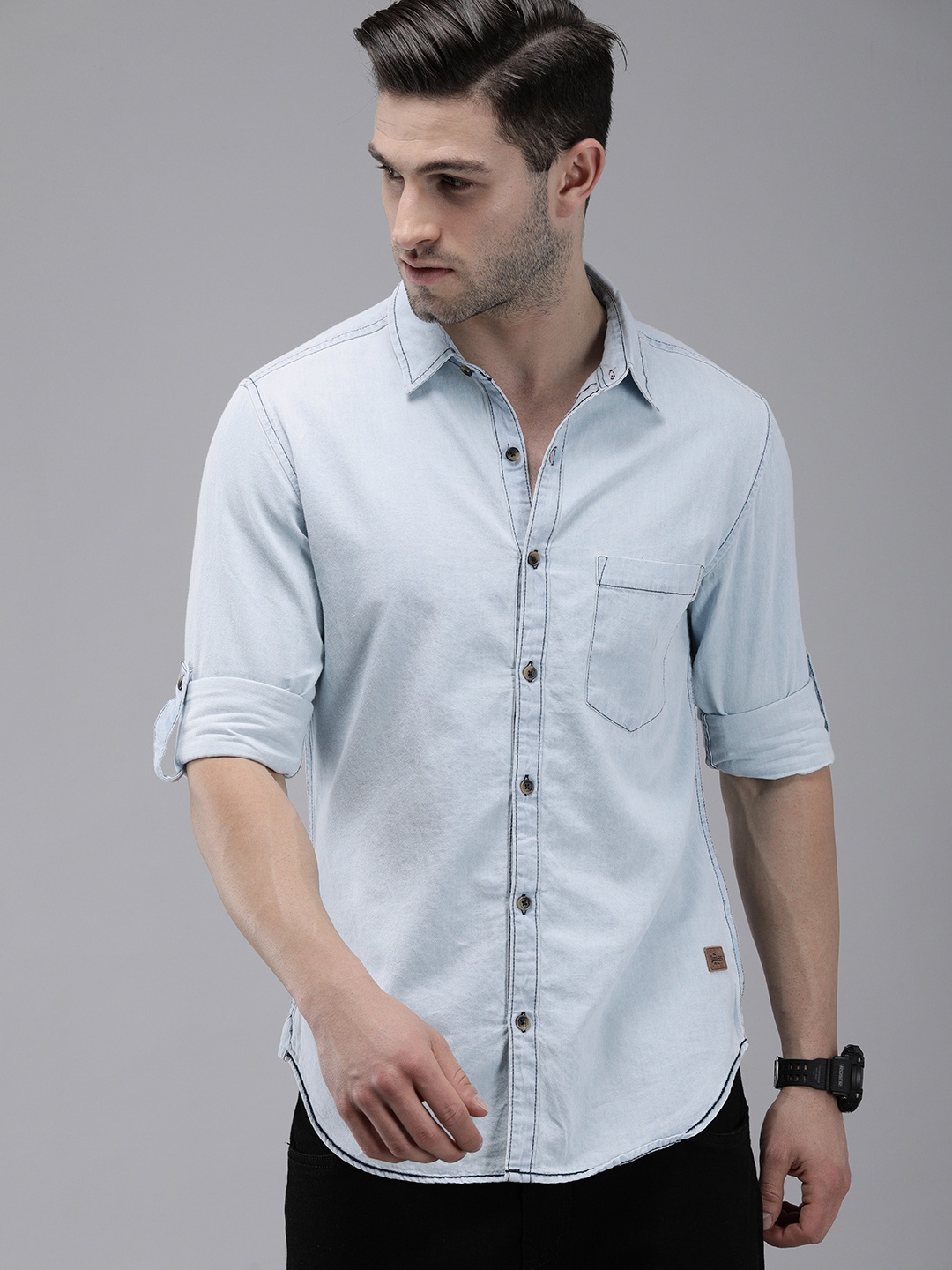 

Roadster Men Blue Solid Pure Cotton Casual Chambray Shirt