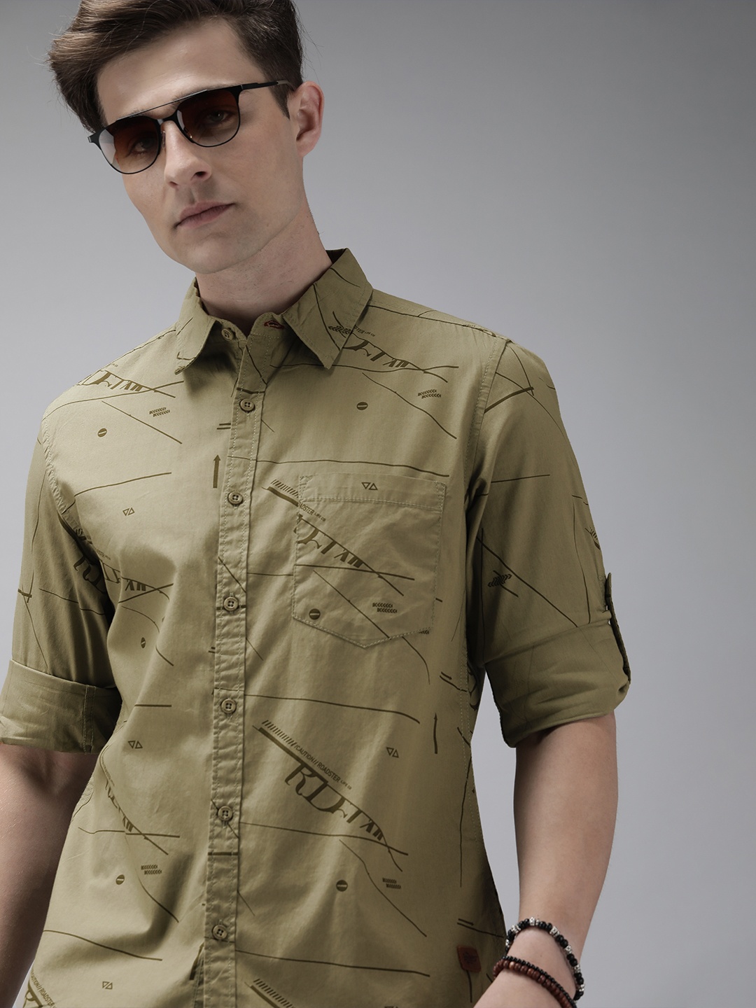 

Roadster Men Olive Green Printed Pure Cotton Casual Shirt