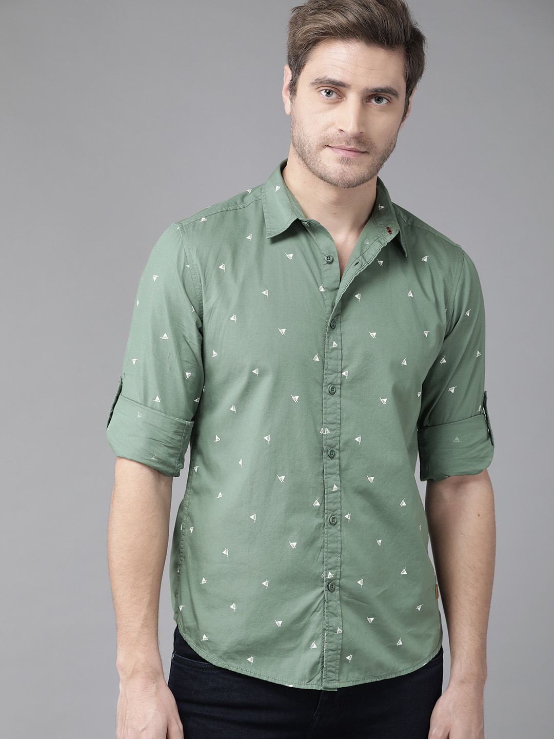 

Roadster Men Olive Green & White Printed Pure Cotton Casual Shirt