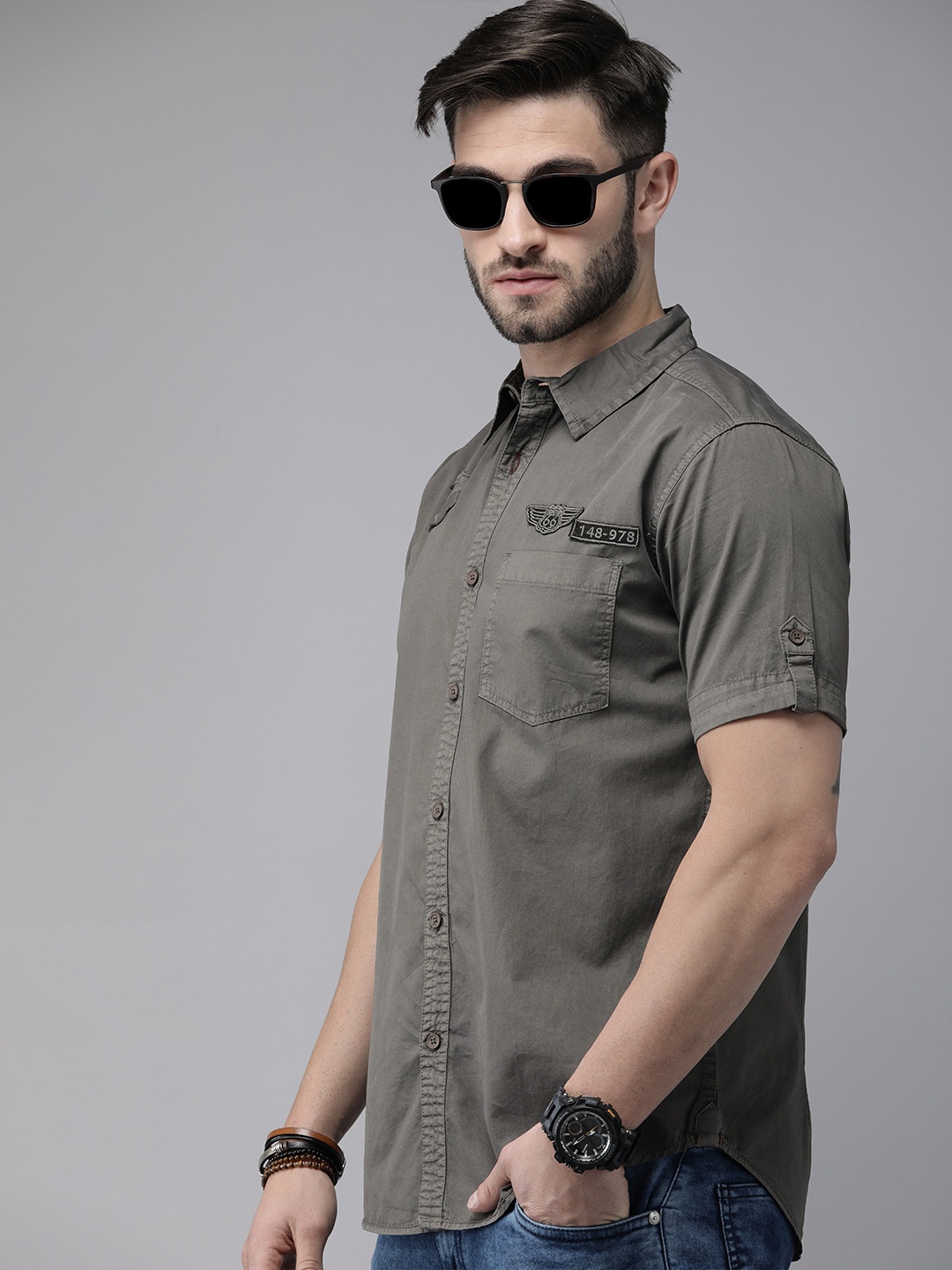 

Roadster Men Grey Applique Sustainable Casual Shirt