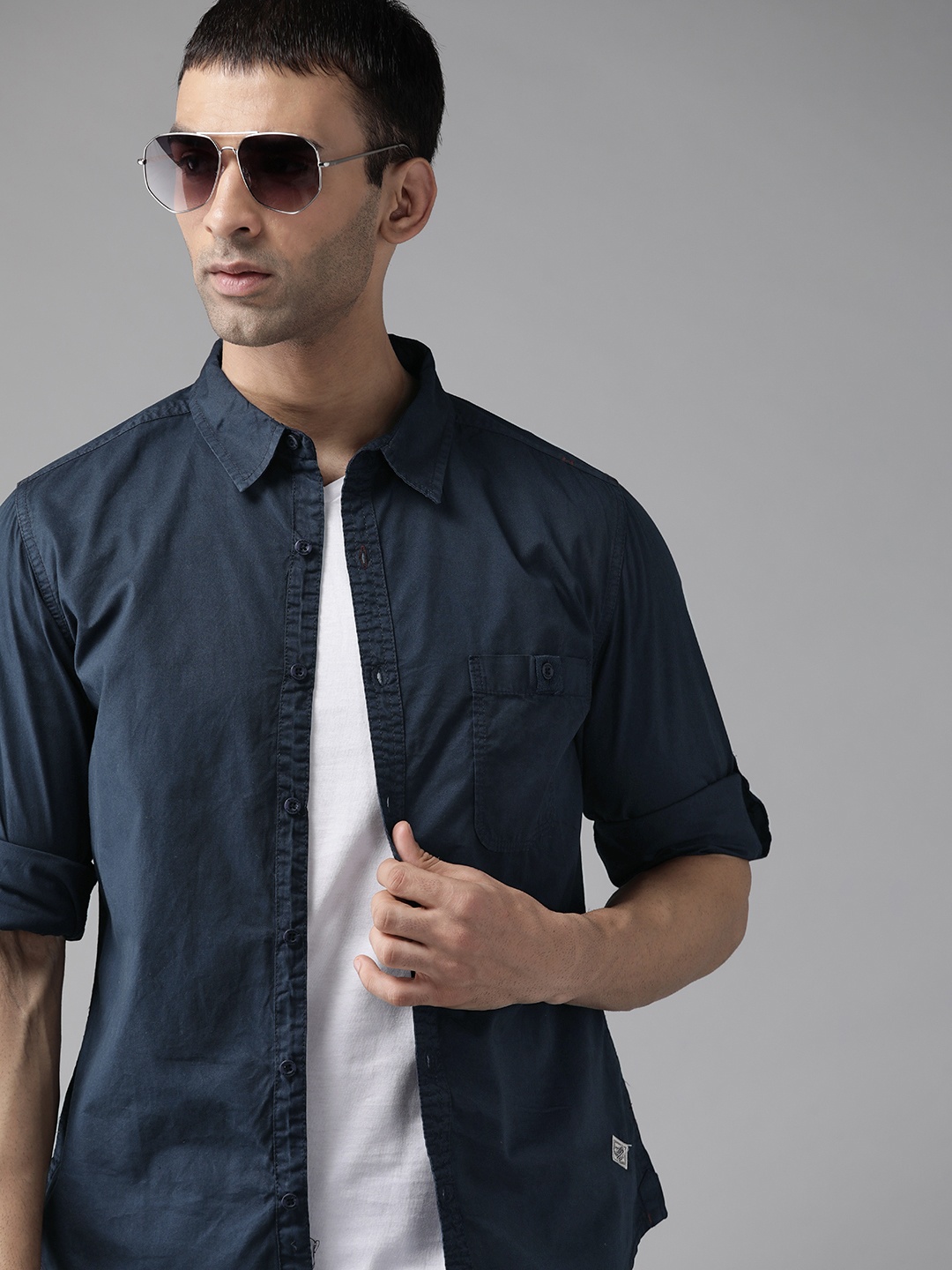 

Roadster Men Navy Blue Cotton Opaque Casual Shirt