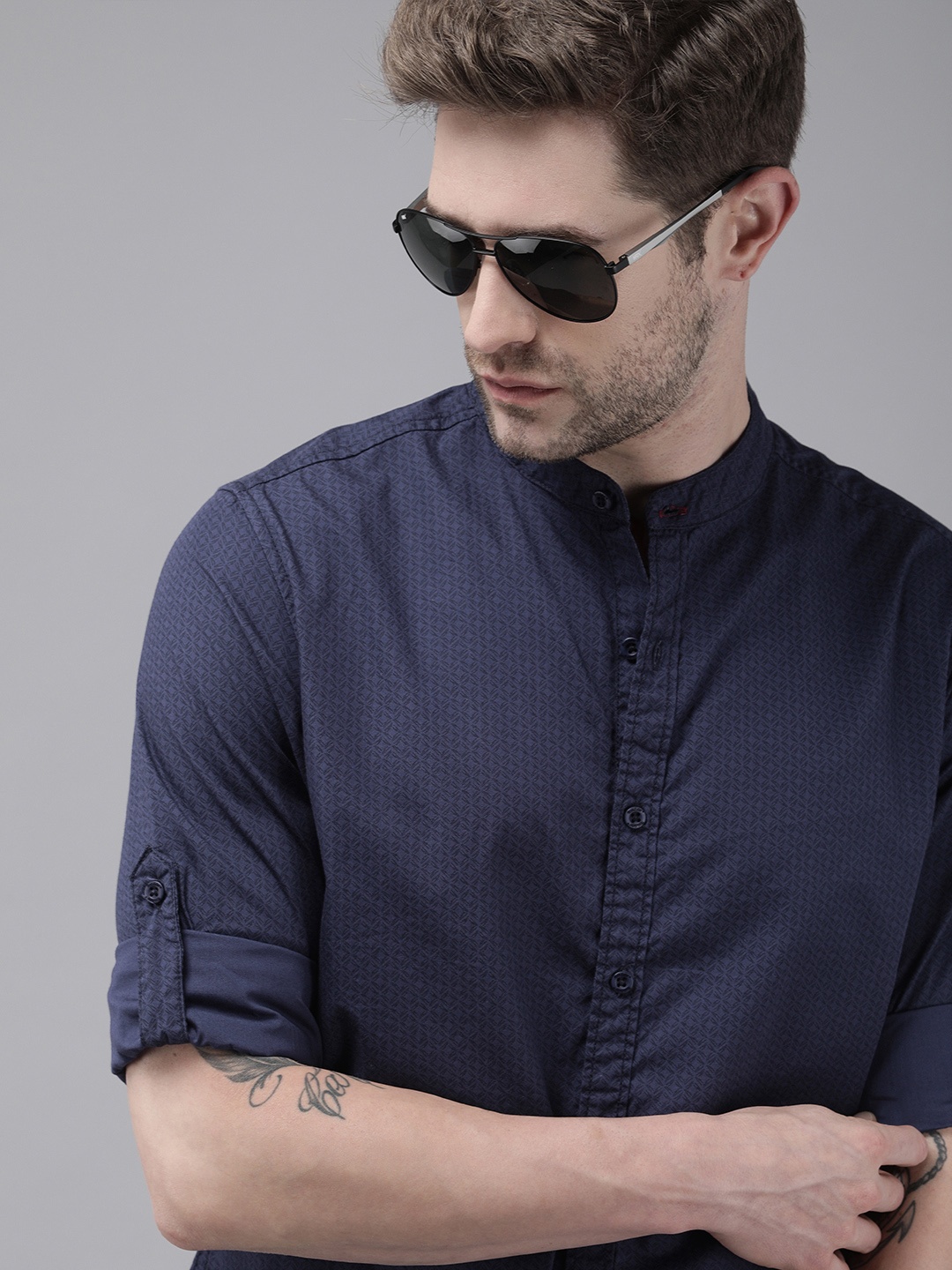 

Roadster Men Navy Blue Opaque Printed Mandarin Collar Casual Shirt