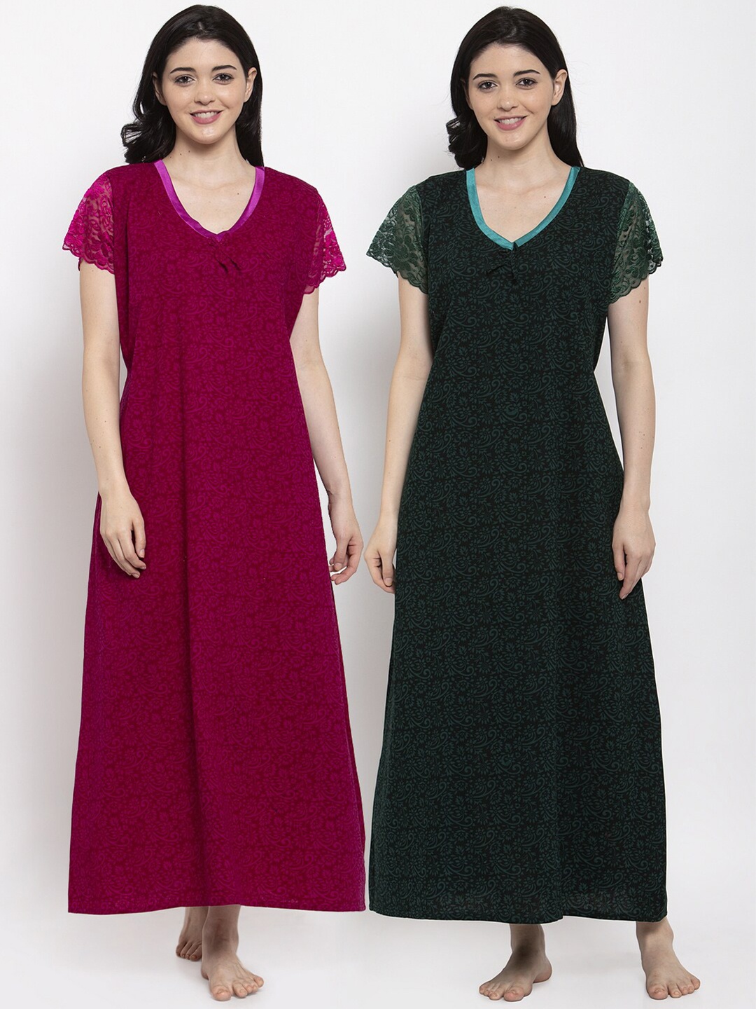 

Secret Wish Pack of 2 Printed Cotton Maxi Nightdress, Green