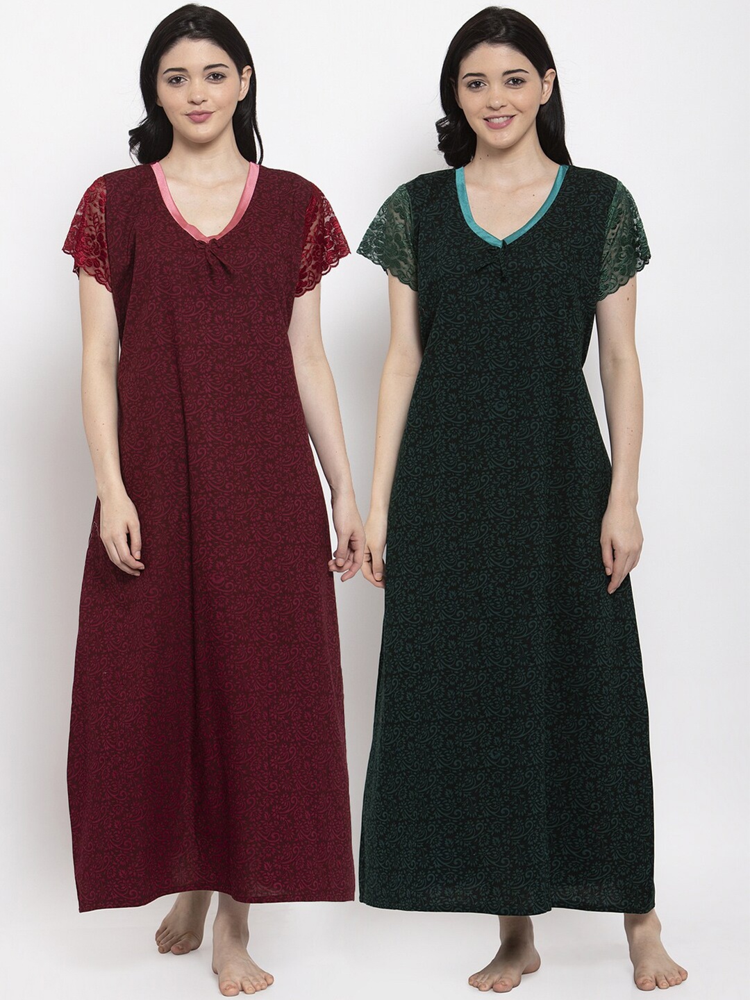 

Secret Wish Maroon & Green Pack of 2 Printed Maxi Nightdress