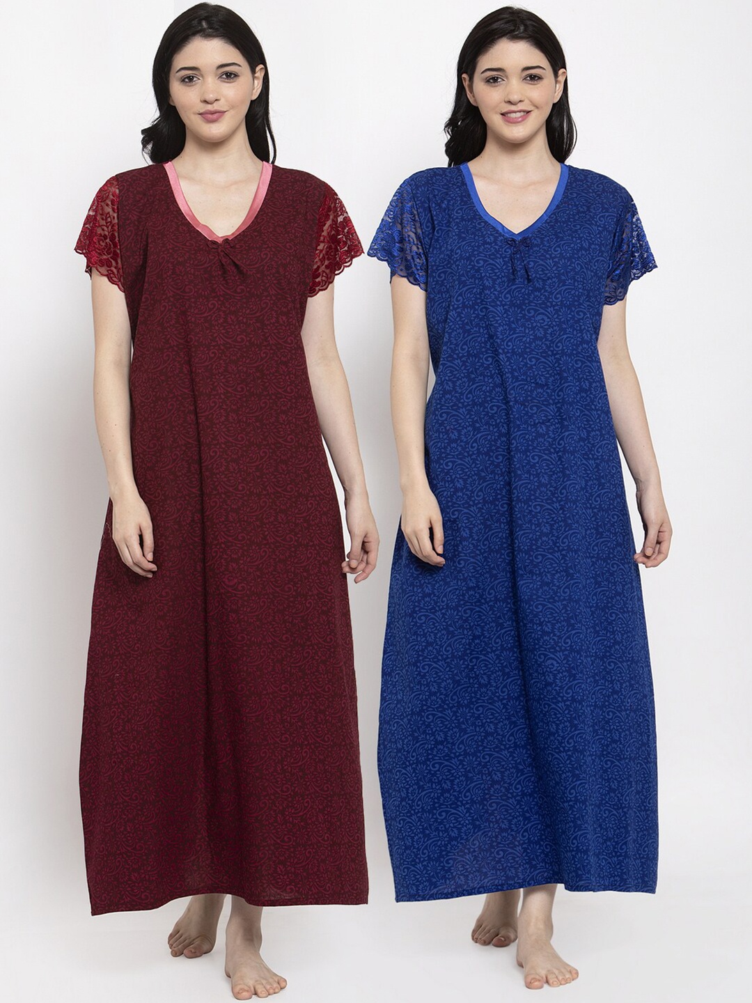 

Secret Wish Pack of 2 Printed Maxi Nightdress, Maroon