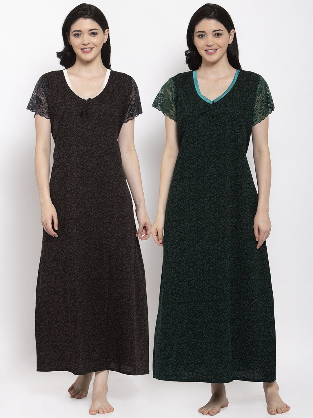 

Secret Wish Set of 2 Brown & Green Printed Maxi Nightdress
