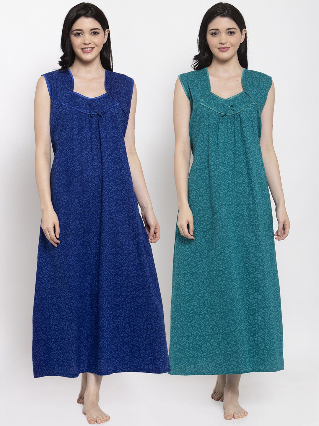 

Secret Wish Women Pack Of 2 Blue & Green Printed Maxi Nightdress