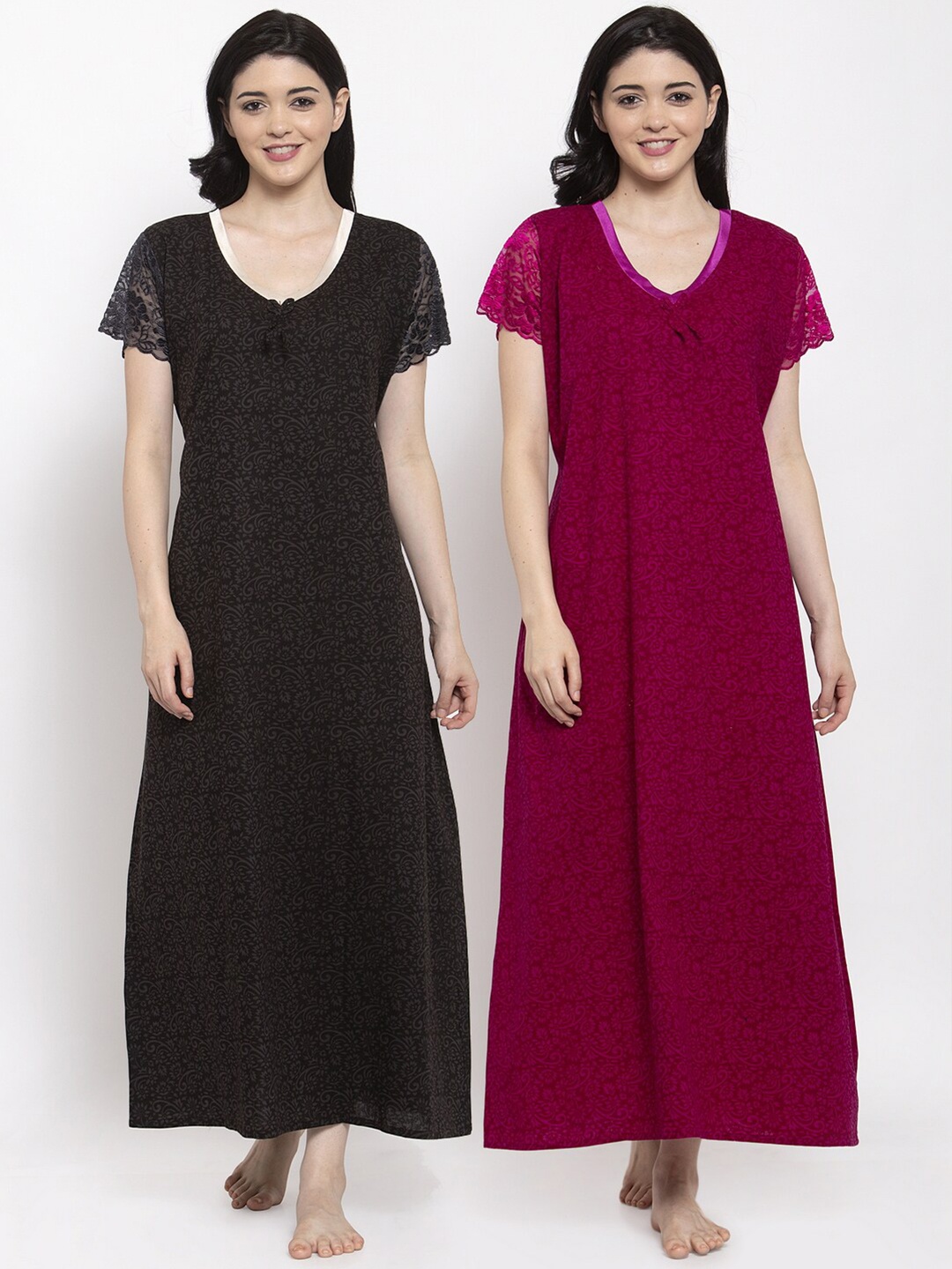 

Secret Wish Pack of 2 Printed Maxi Nightdress, Maroon