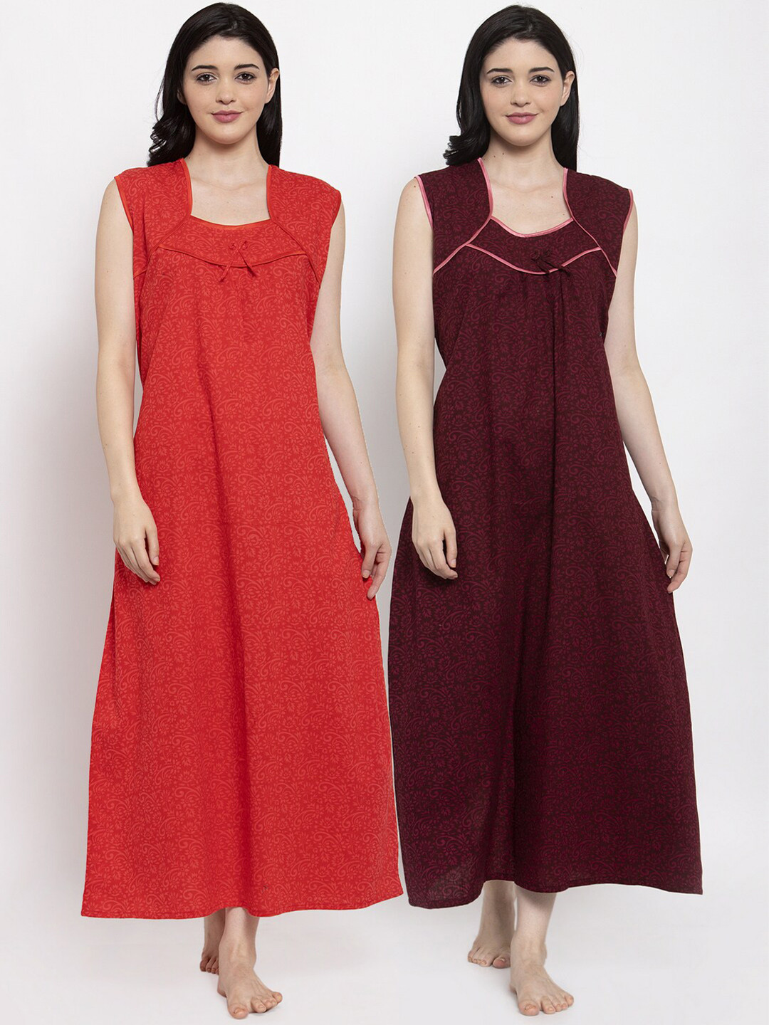 

Secret Wish Pack of 2 Red & Maroon Printed Maxi Nightdress