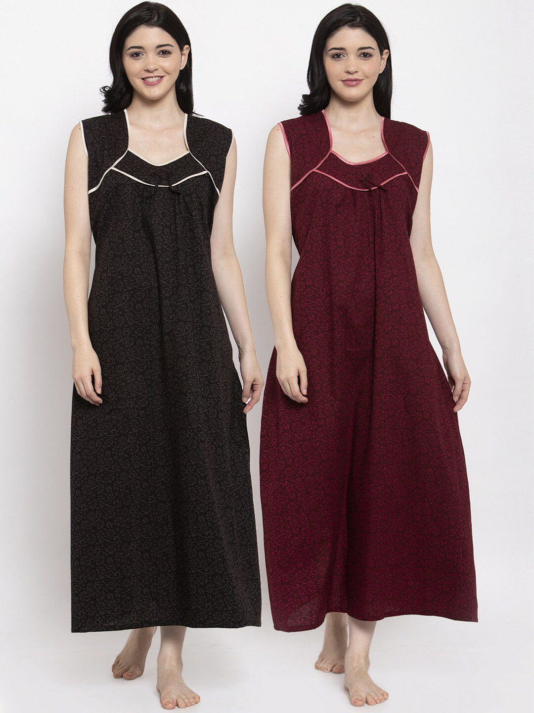 

Secret Wish Set of 2 Maroon & Black Printed Maxi Nightdress