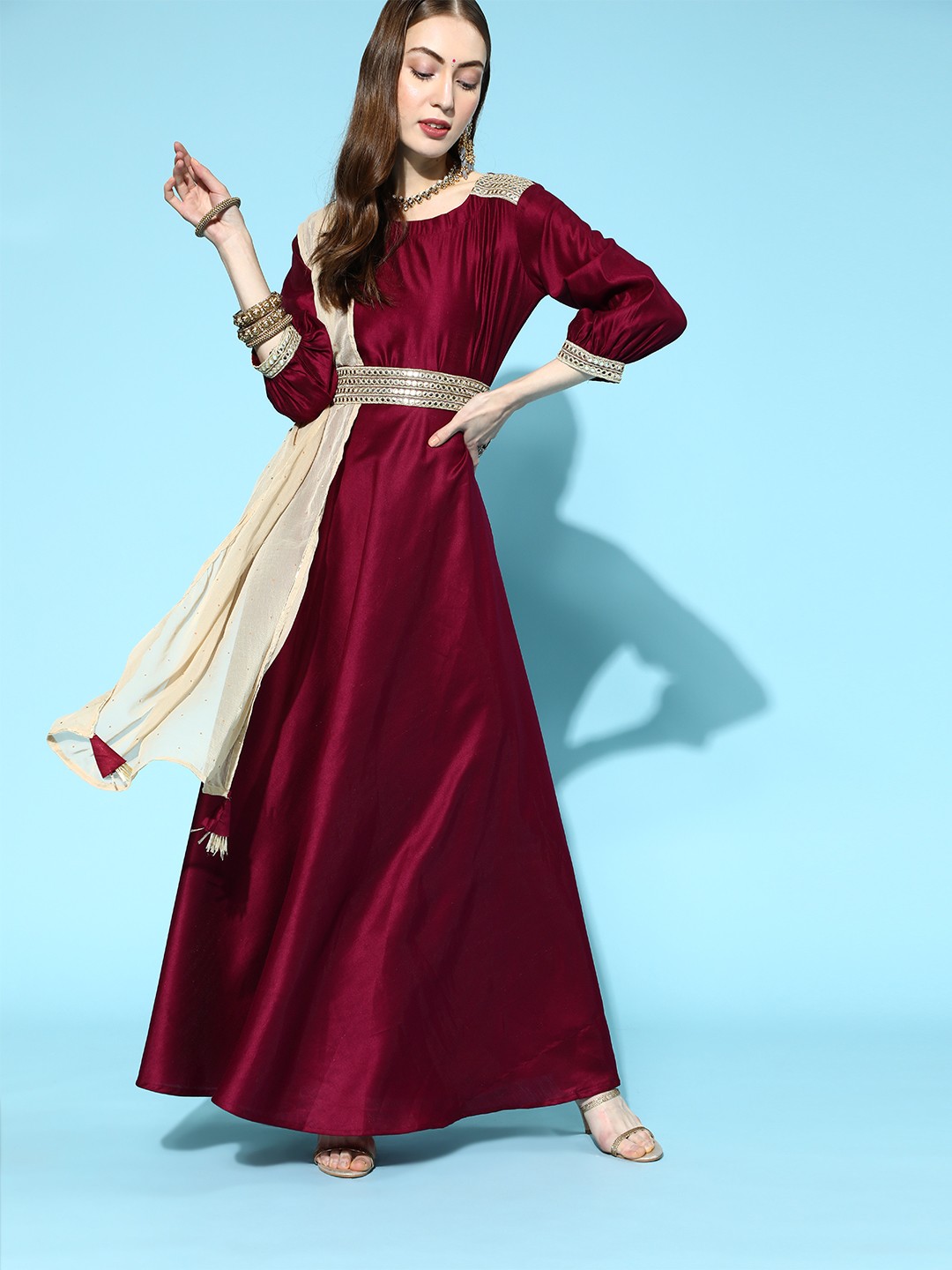

Indo Era Women Burgundy Mirror Work Liva Anarkali Kurta with Dupatta & Belt