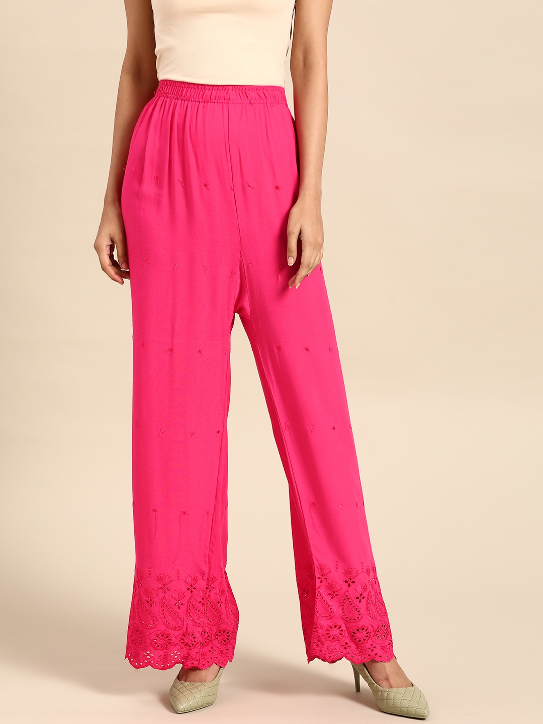 

Saadgi Women Pink Ethnic Motifs Embroidered Palazzos