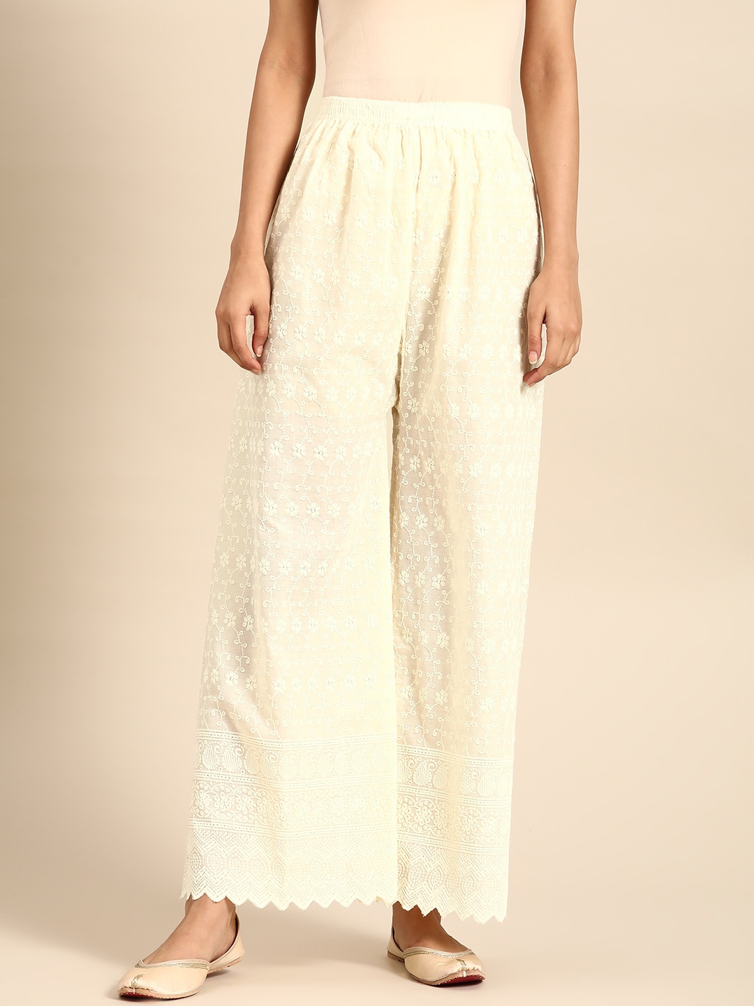 

Saadgi Women Cream-Coloured Ethnic Motifs Embroidered Knitted Pure Cotton Palazzos