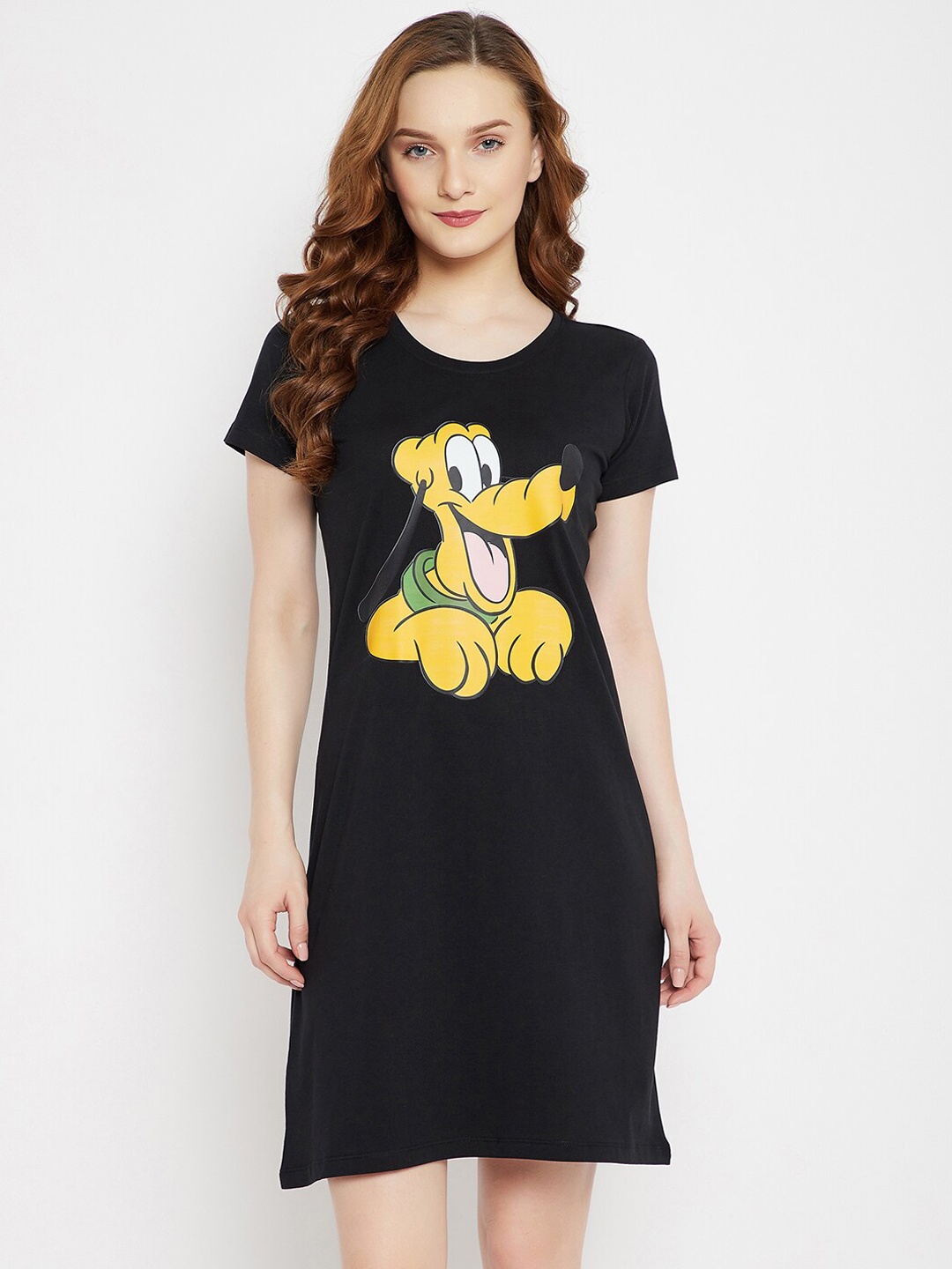 

Disney by Wear Your Mind Women Black & Yellow Graphic Printed Pure Cotton Sleep Shirt
