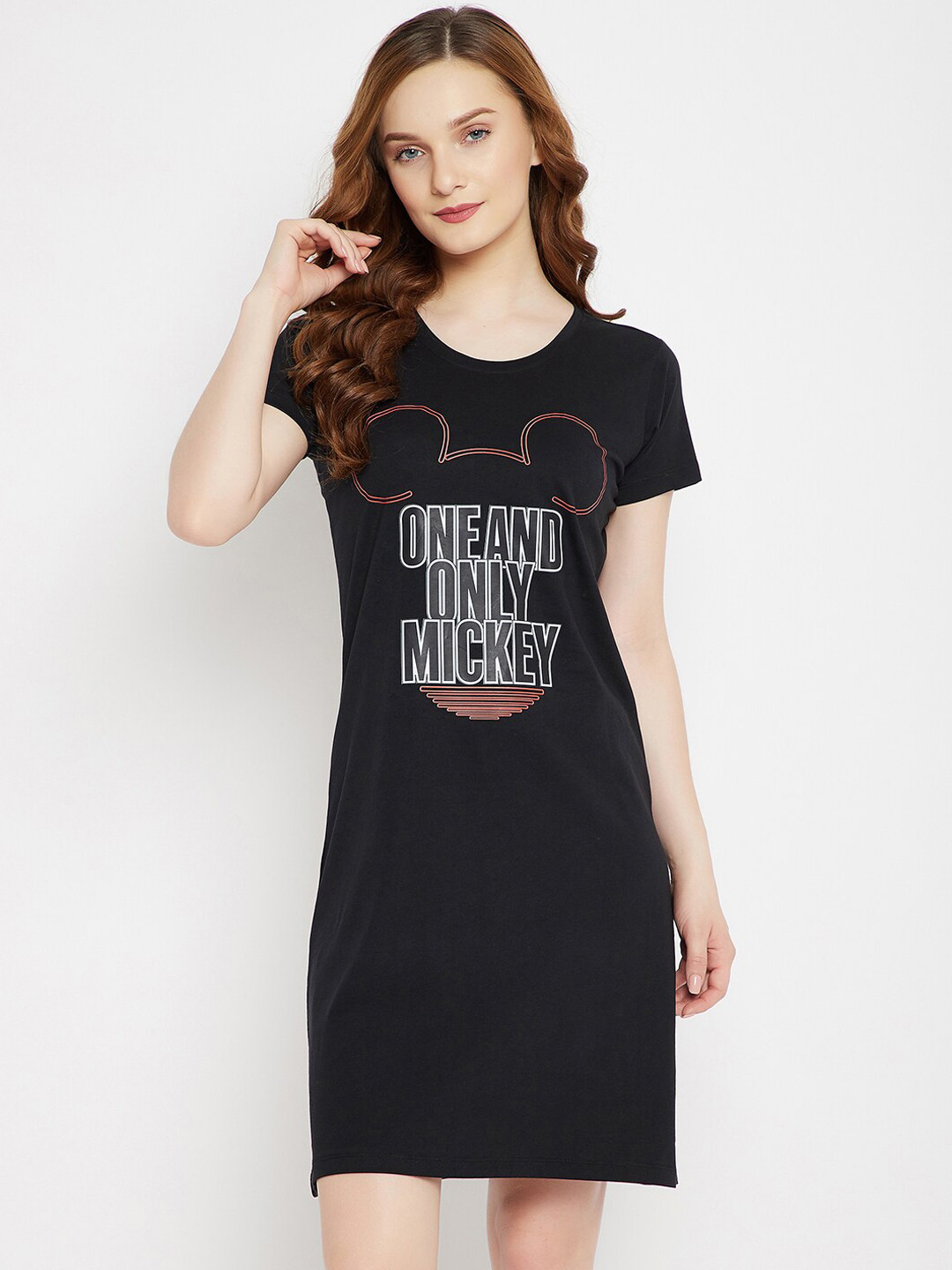 

Disney by Wear Your Mind Women Black & White Mickey Mouse Printed Pure Cotton Sleep Shirt