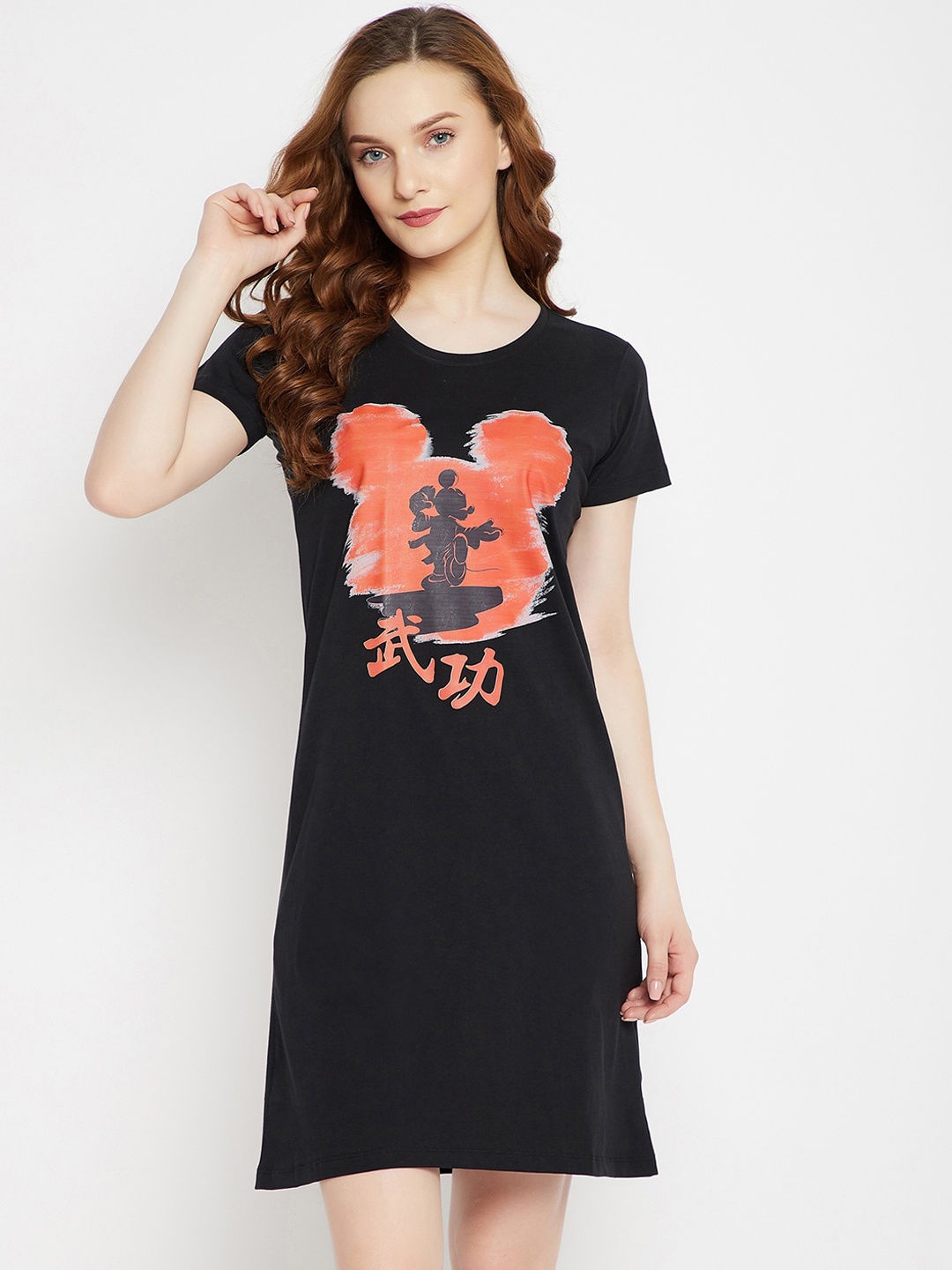 

Disney by Wear Your Mind Women Black & Orange Mickey Mouse Family Printed Pure Cotton Sleep Shirt